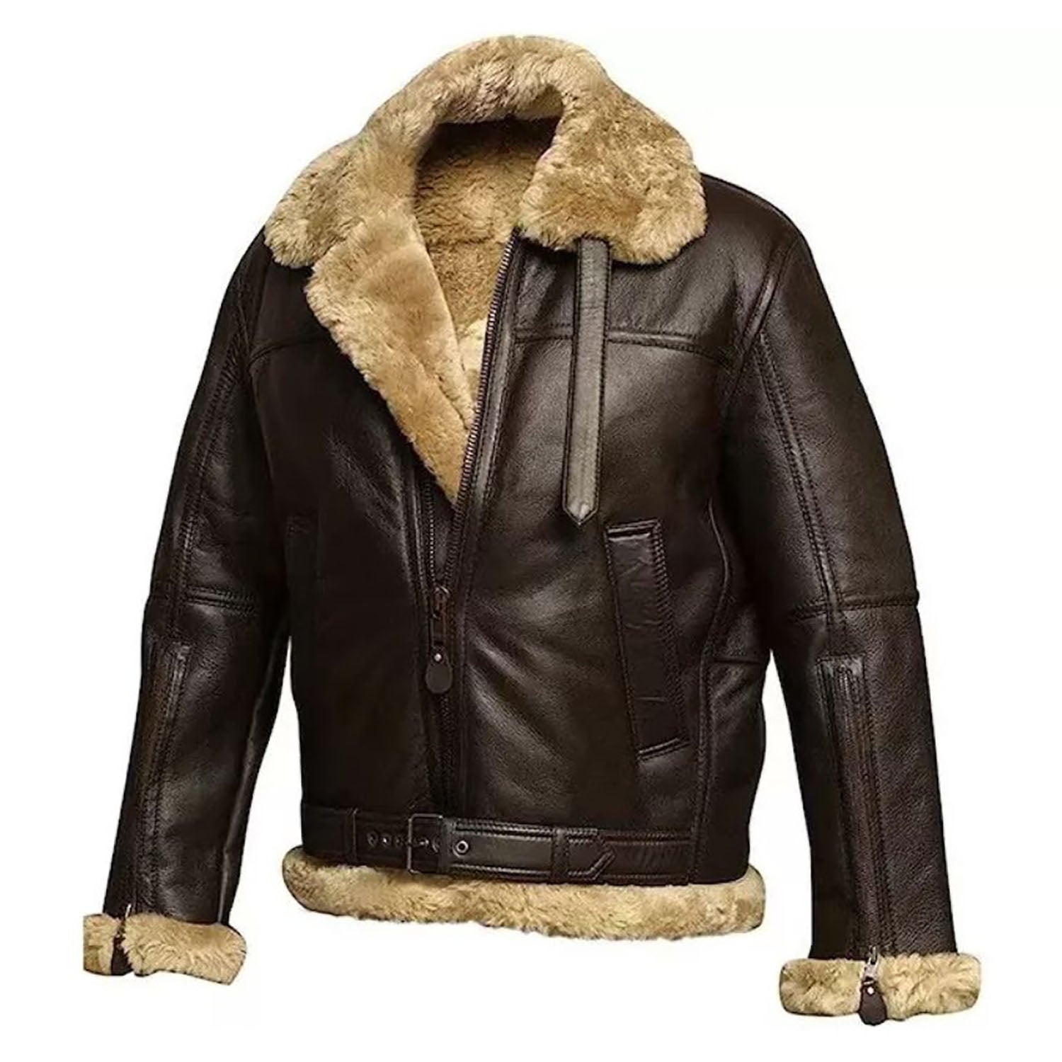 Brown leather bomber jacket with aviator bomber style, worn styled look
