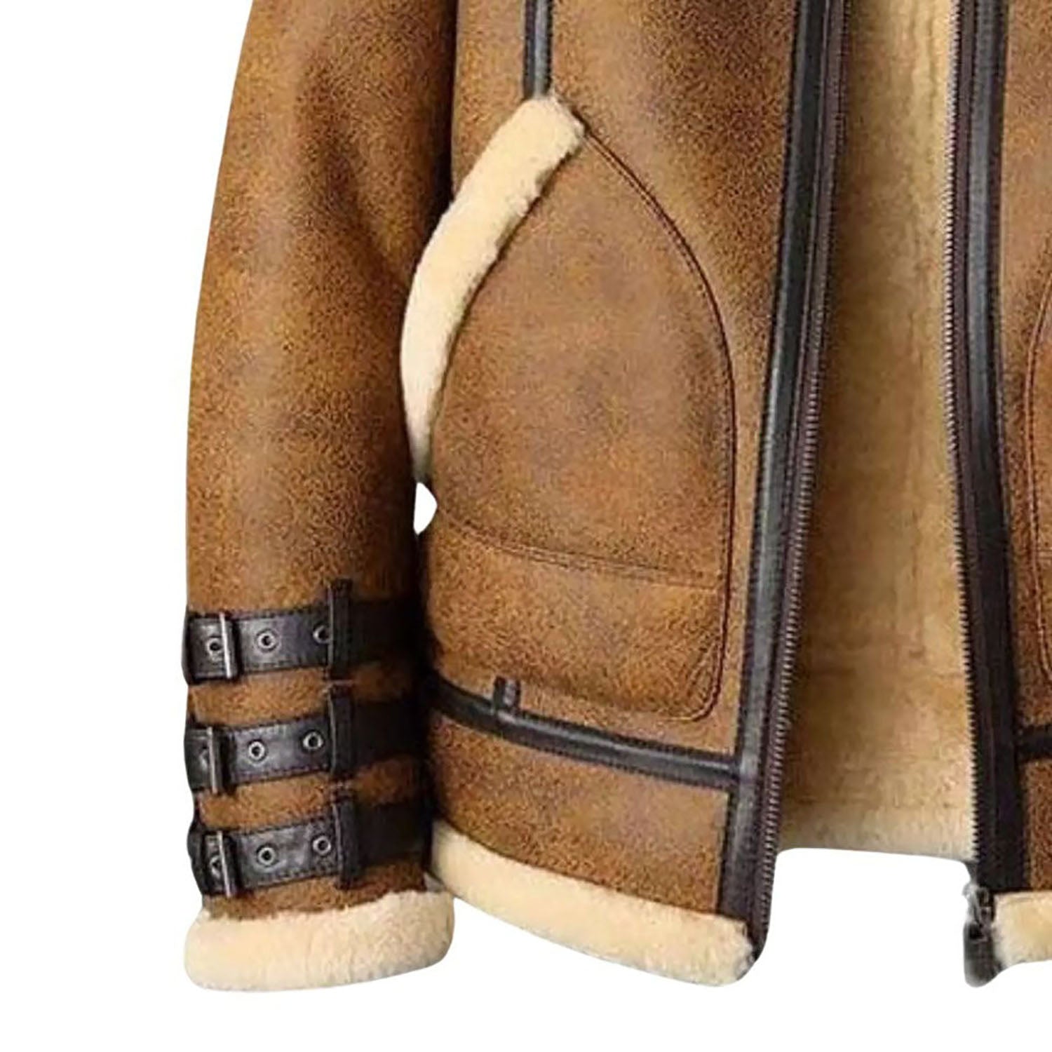 Worn styled look of the brown cowhide leather bomber jacket with fur trim for men
