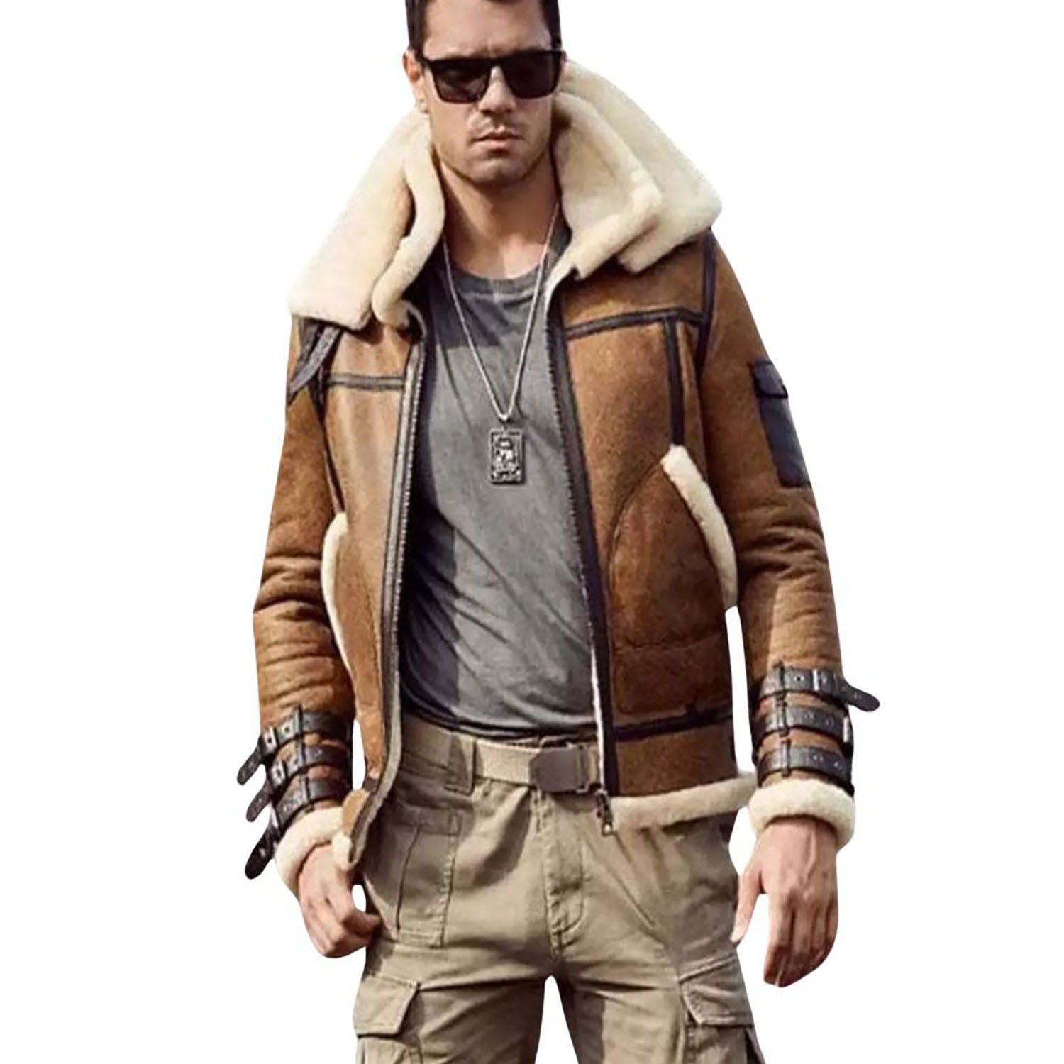Full display of the brown cowhide leather bomber jacket with aviator bomber style for men