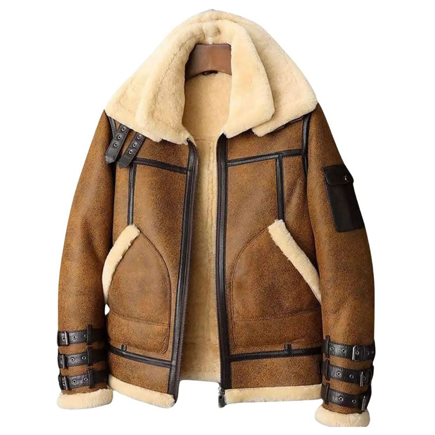 Close-up detail of the brown cowhide leather bomber jacket with aviator bomber style for men