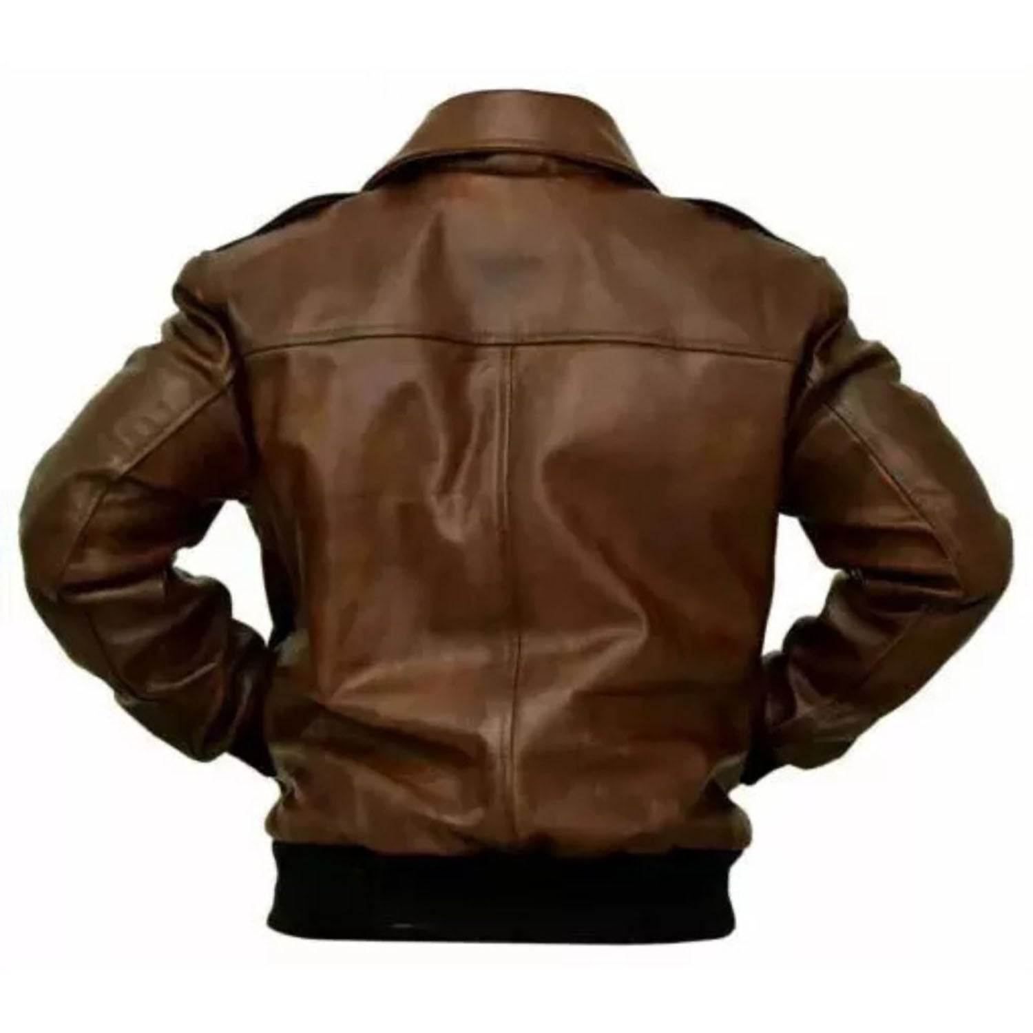 Worn styled look showing the brown sheepskin leather jacket with biker style