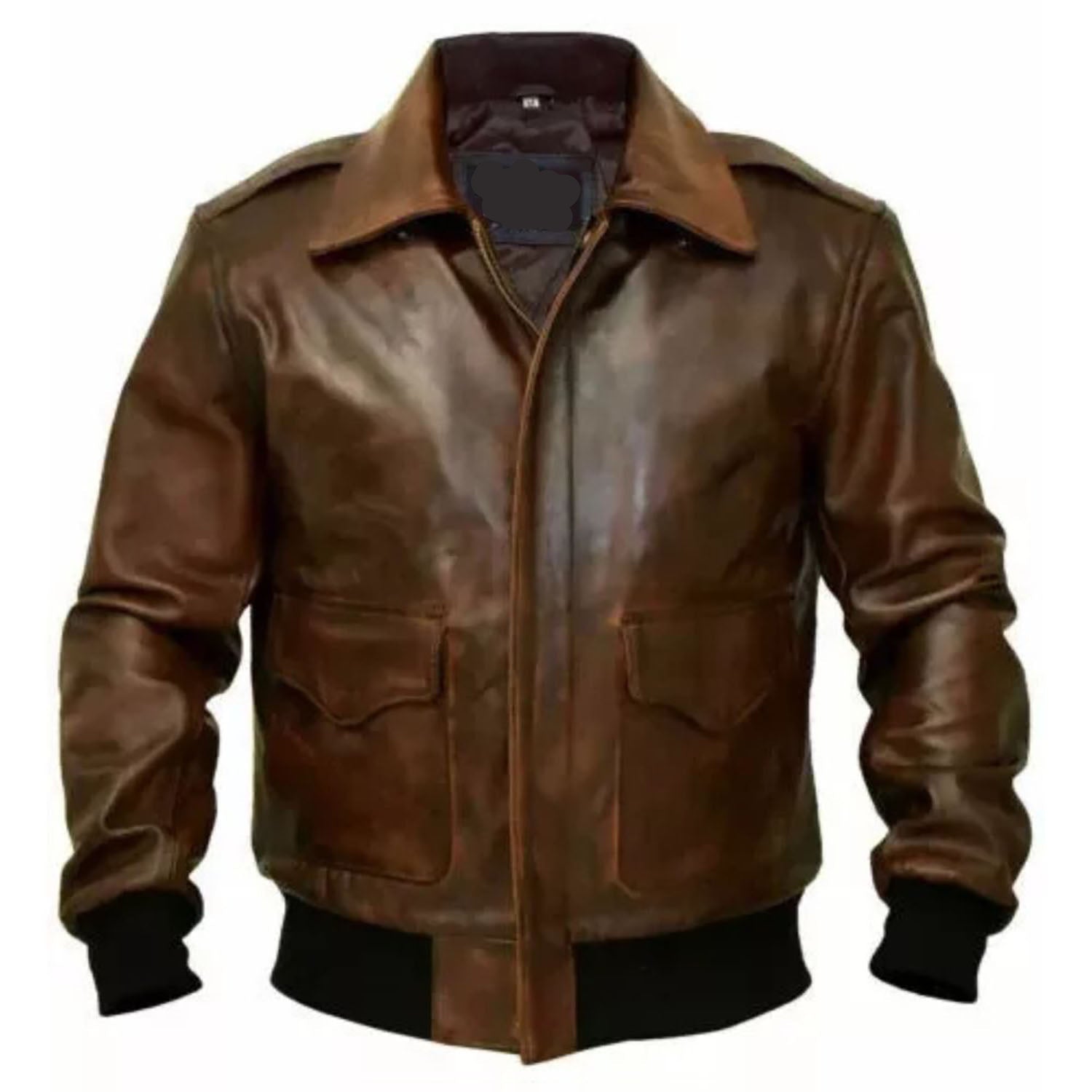 Close-up detail showing the brown sheepskin leather jacket with multiple pockets