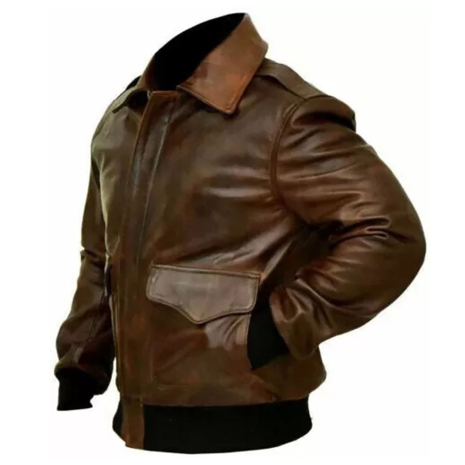 Full display showing the brown sheepskin leather jacket with multiple pockets