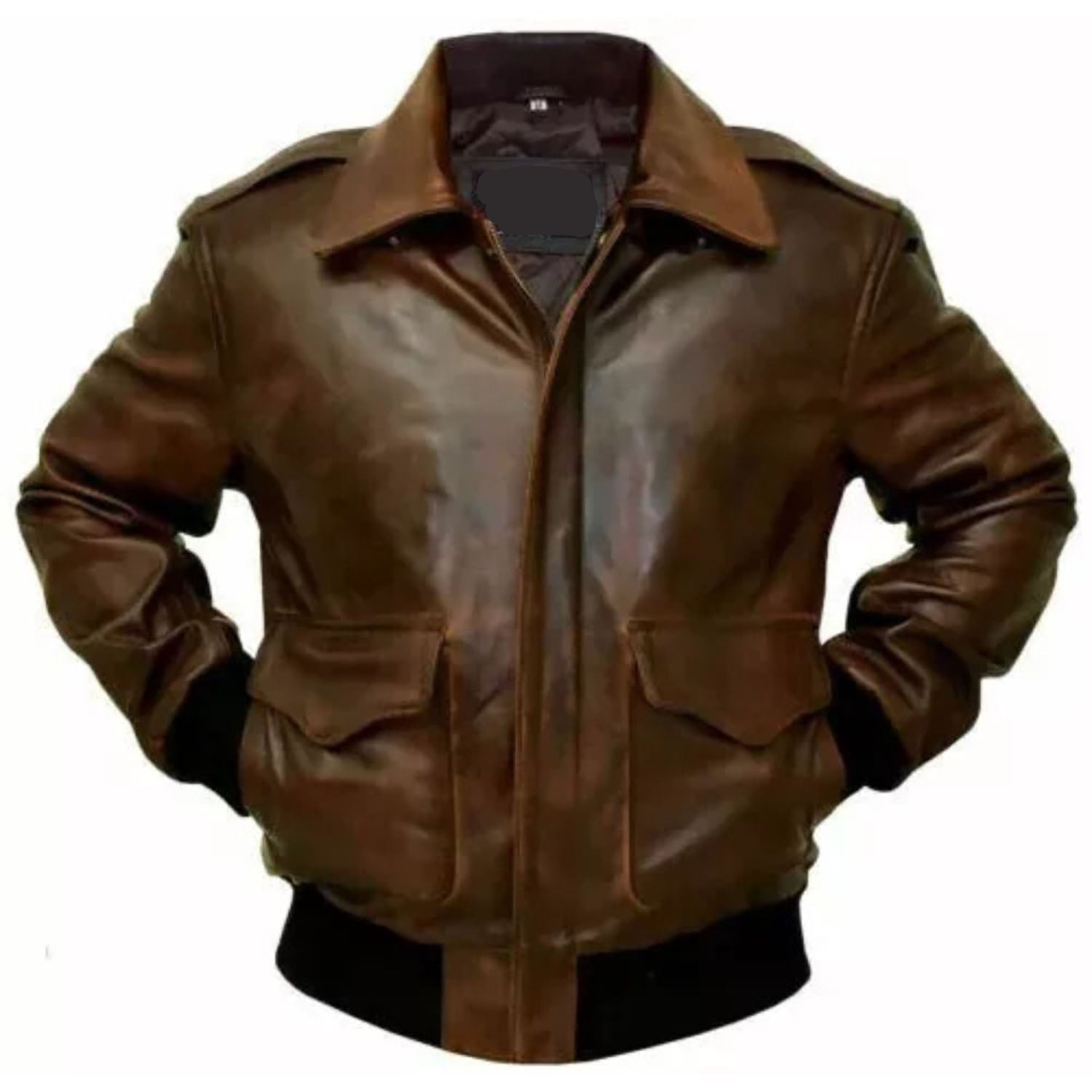 Back view showing the brown sheepskin leather jacket with biker style