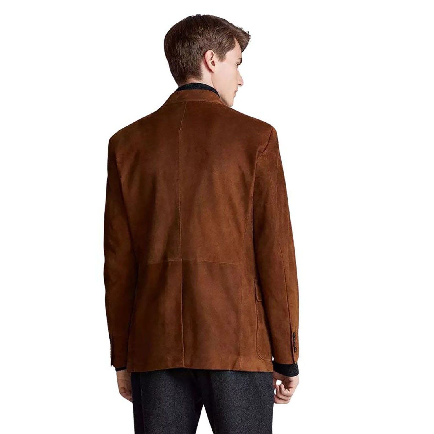 The brown suede leather blazer, pictured worn and styled