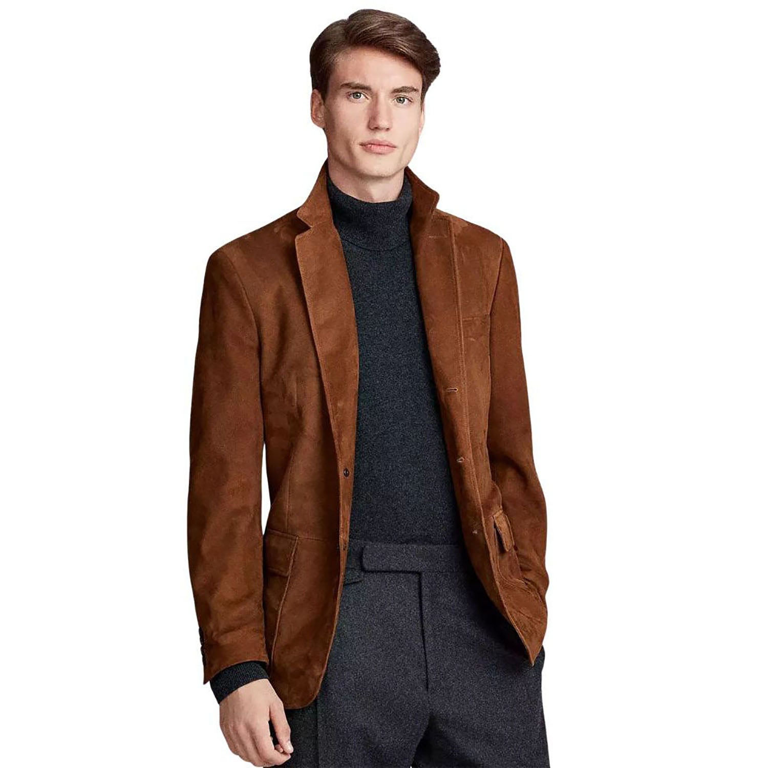 The brown suede leather blazer, pictured from the side