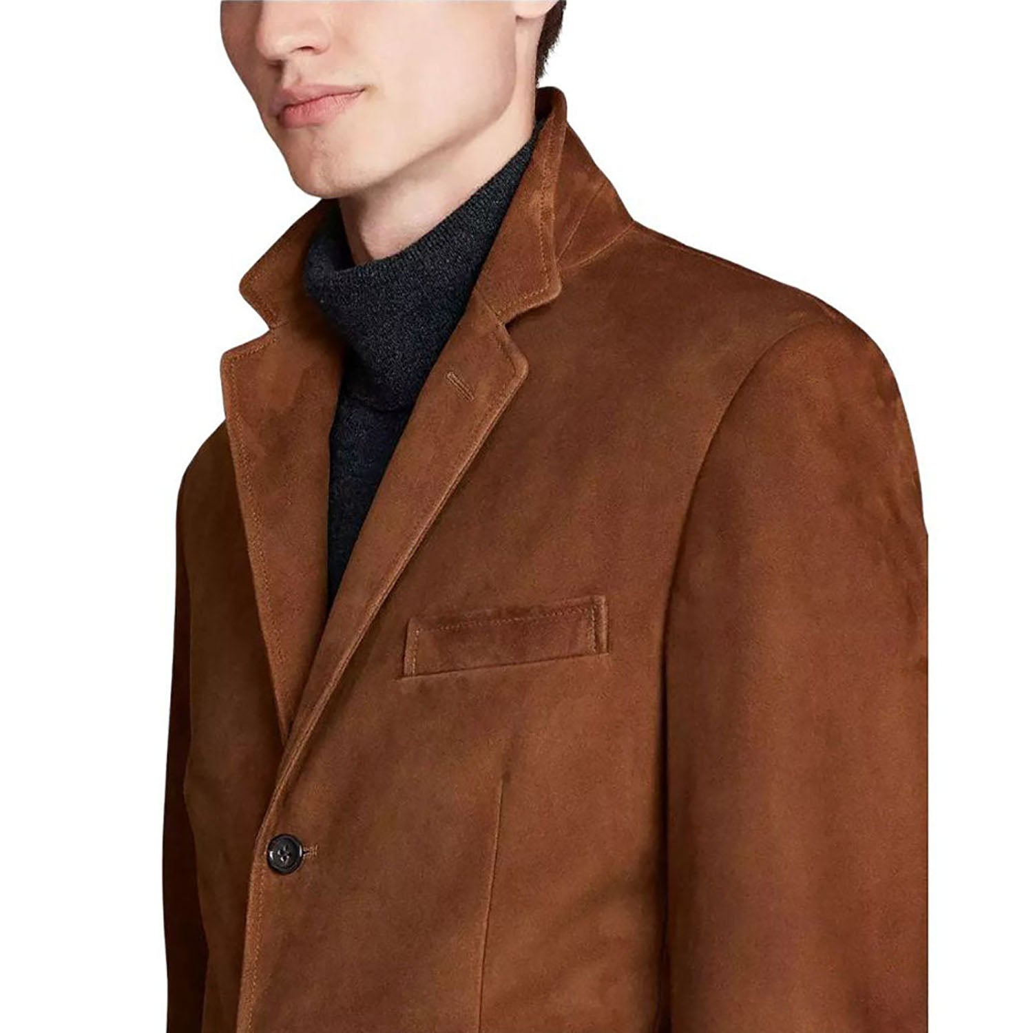 The brown suede leather blazer, pictured in close-up