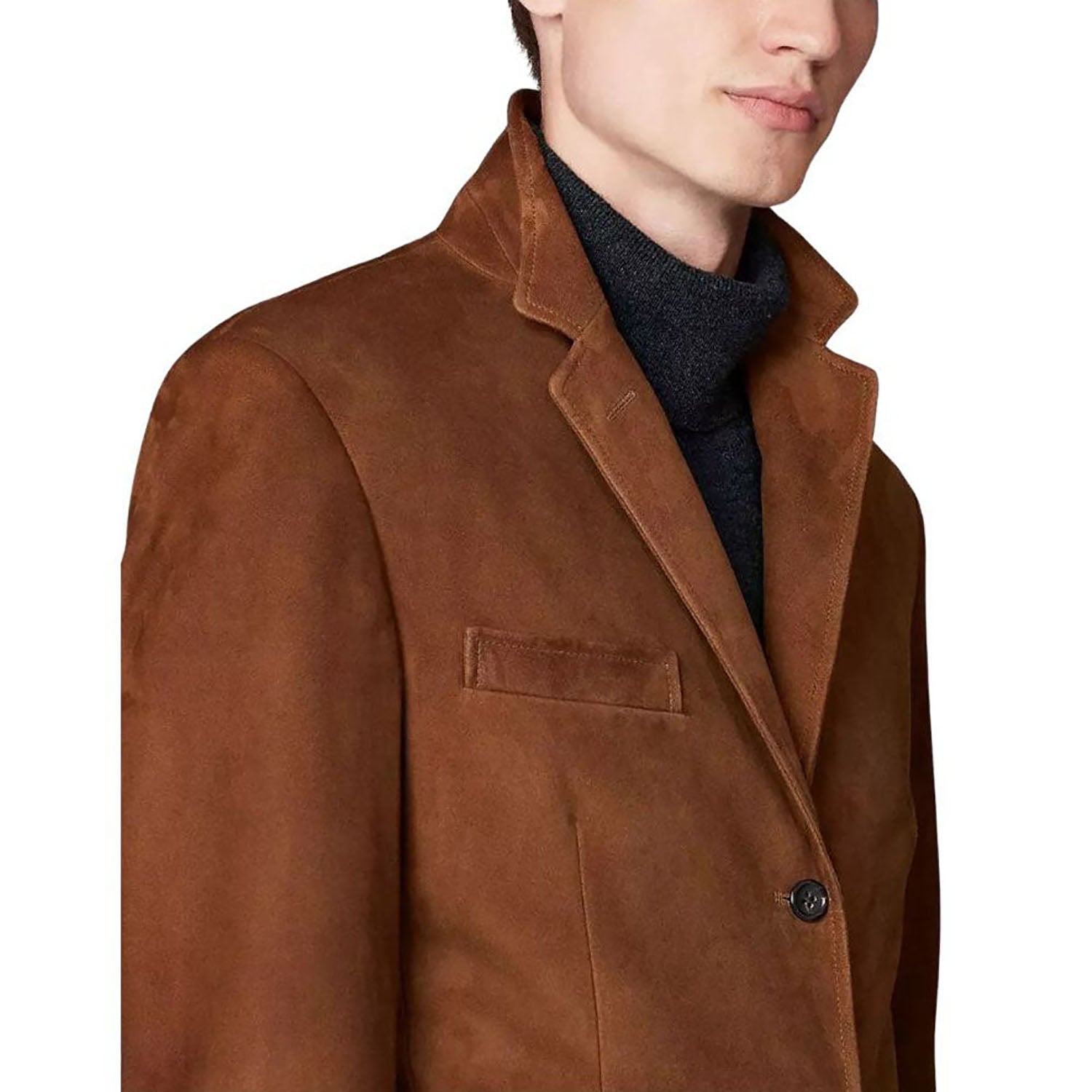 The brown suede leather blazer, pictured from the back