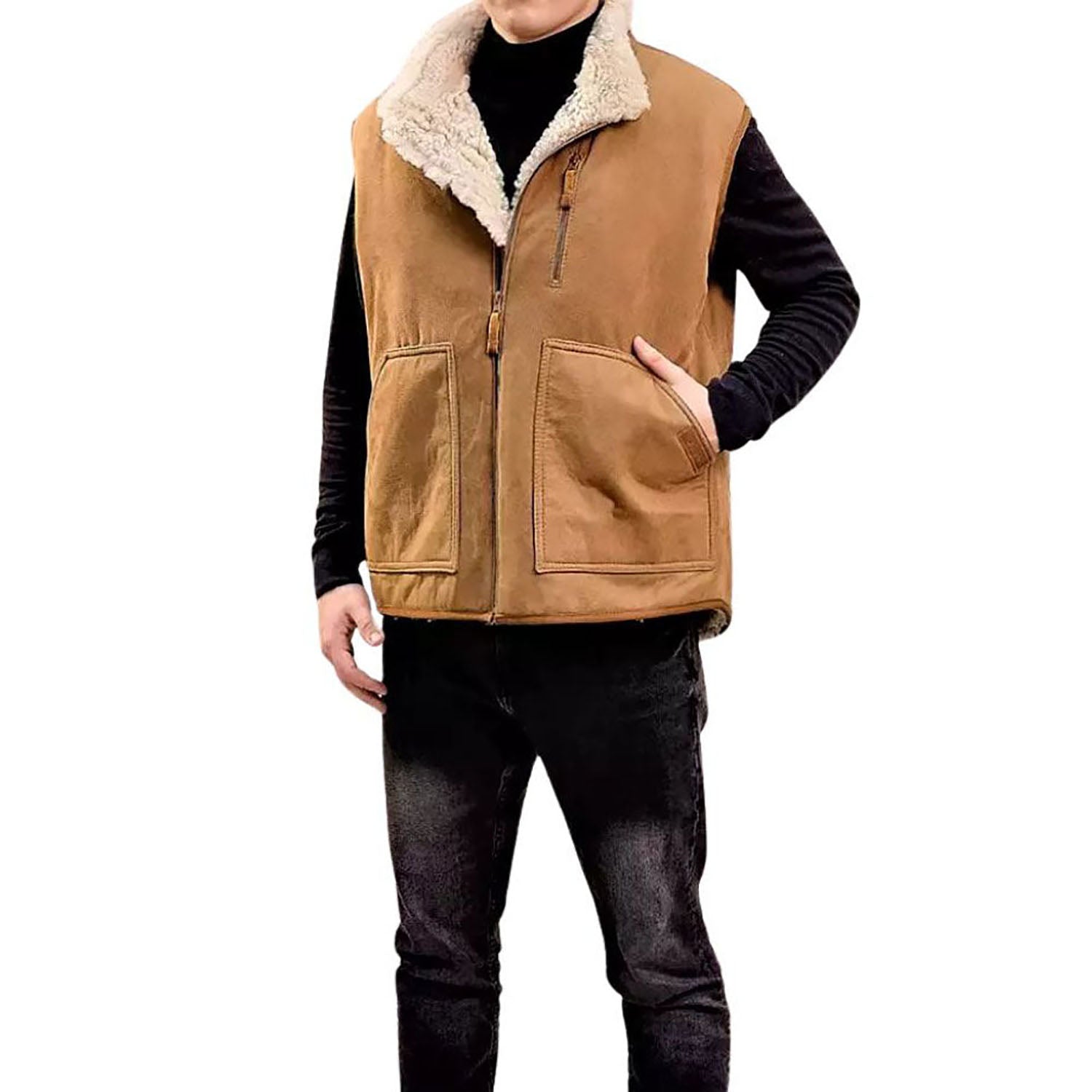 Brown suede leather vest with fur trim, front view