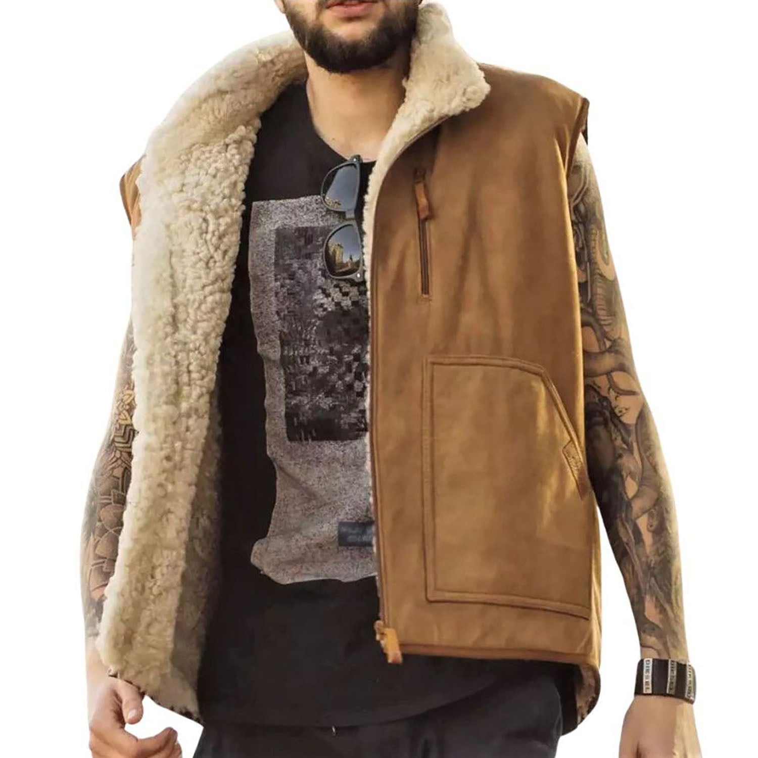 Brown suede leather vest with fur trim, side profile