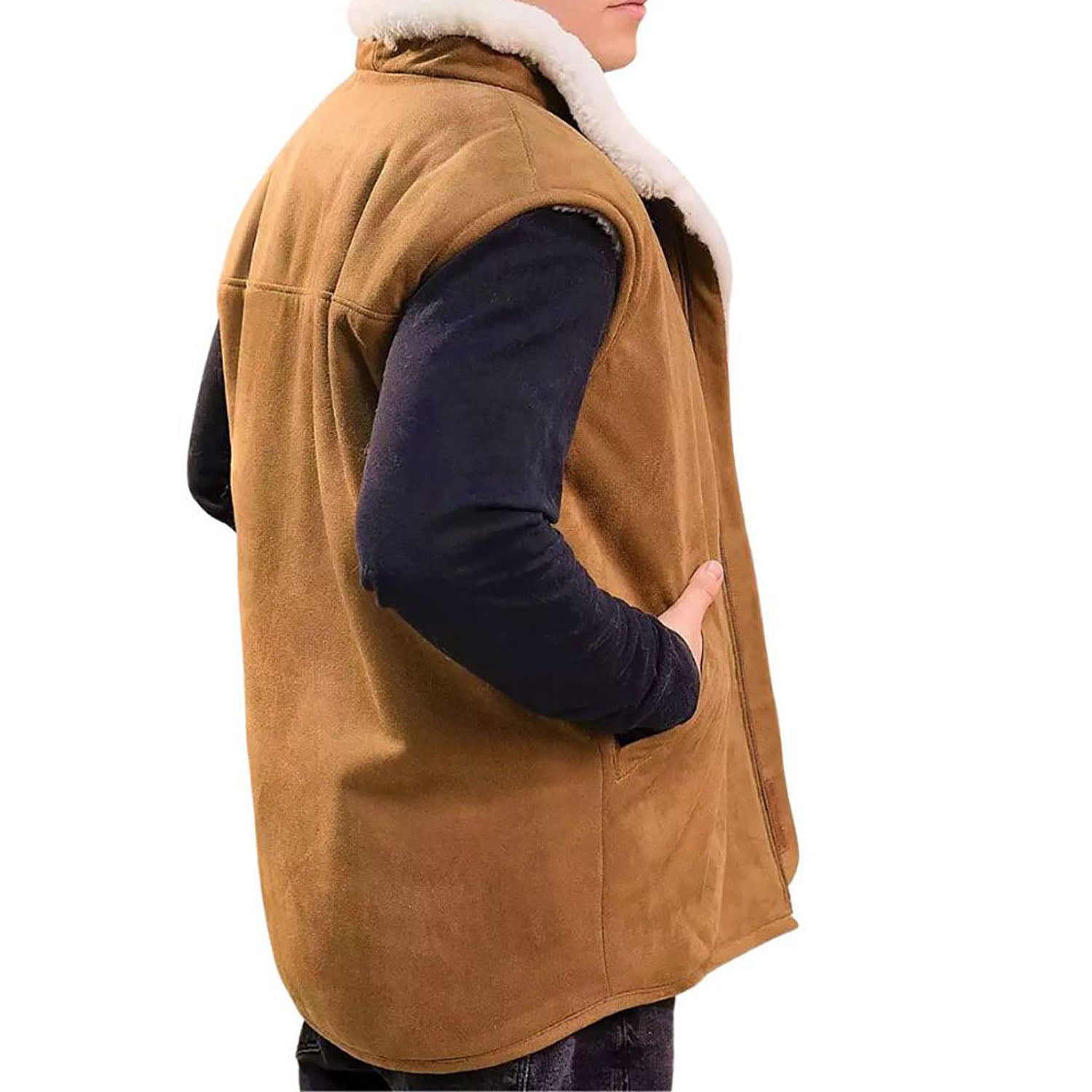 Brown suede leather vest with fur trim, back view