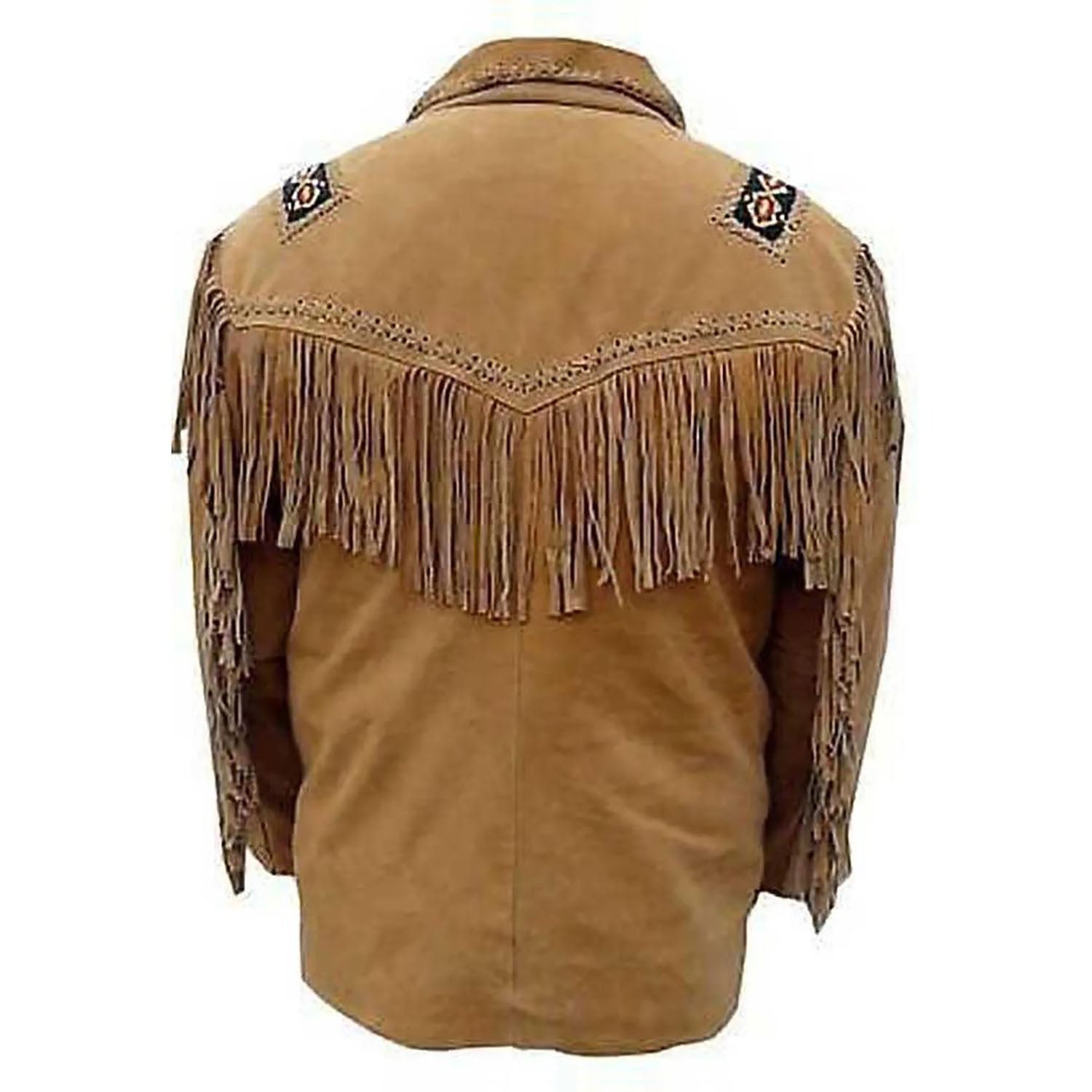 Side profile of the brown suede leather fringe jacket with bone-work trim for men