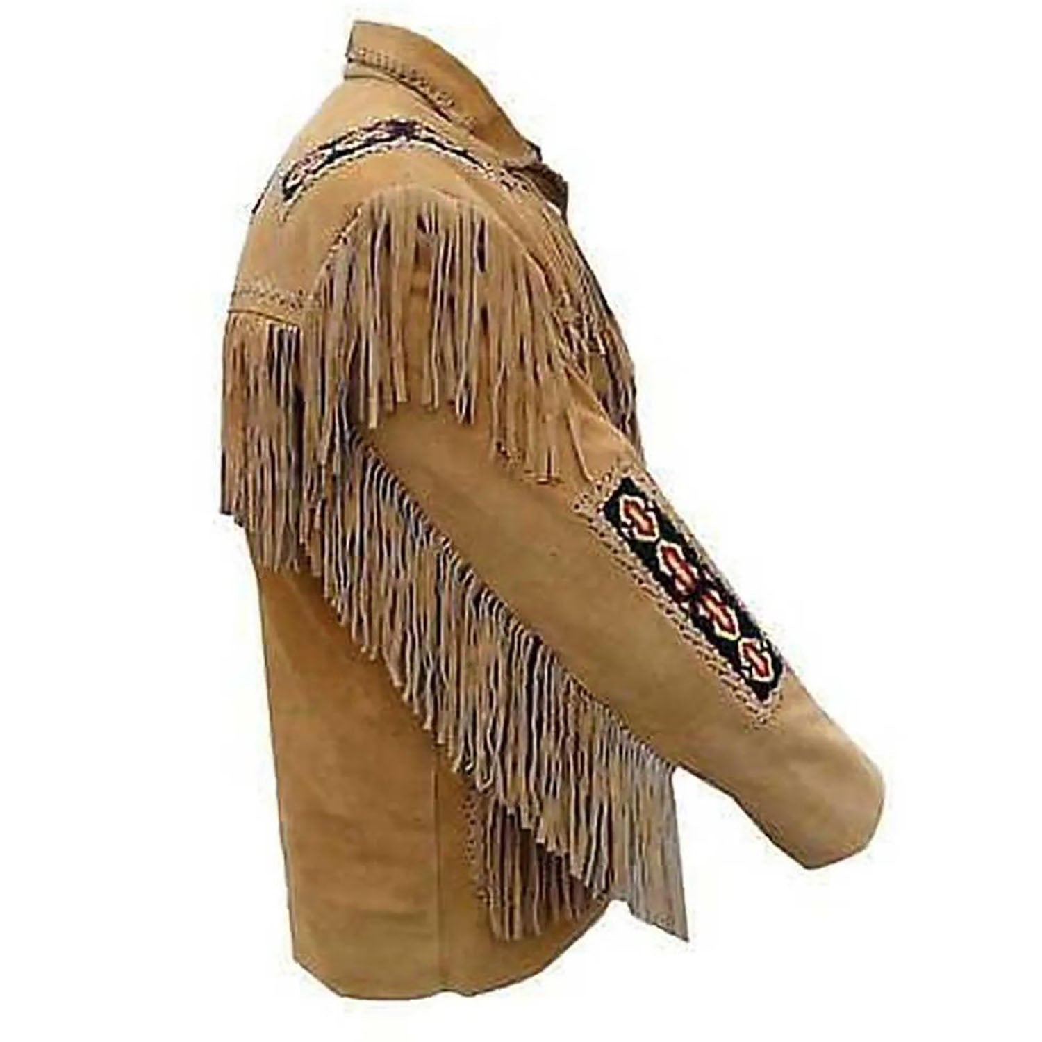 Front view of the brown suede leather fringe jacket with bone-work trim for men