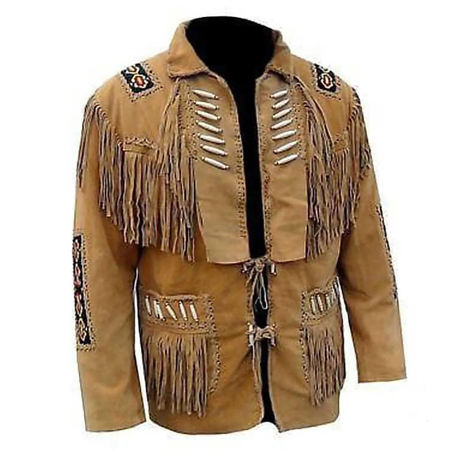 Detail shot of the brown suede leather fringe jacket with bone-work trim for men
