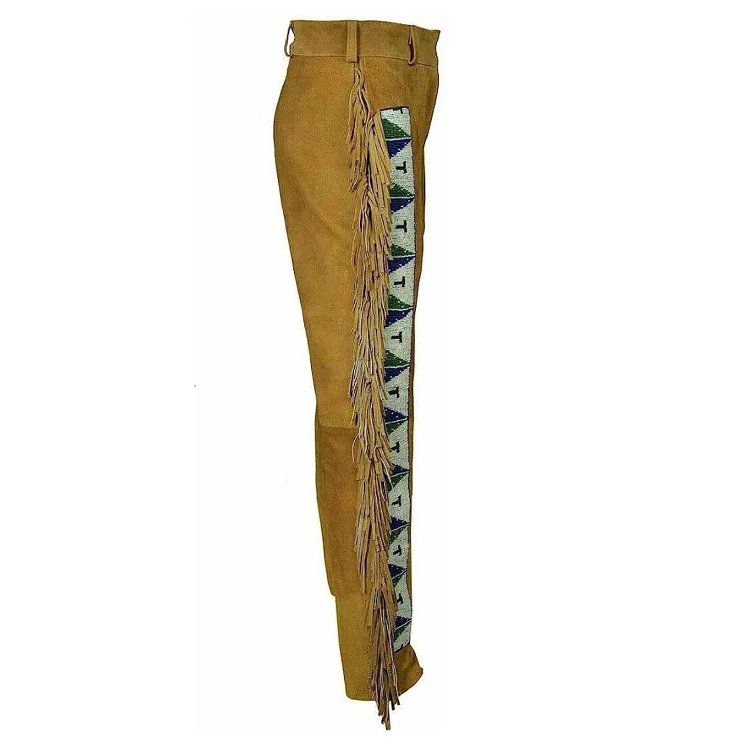 Detail shot showing the brown suede leather pants with fringe detailing