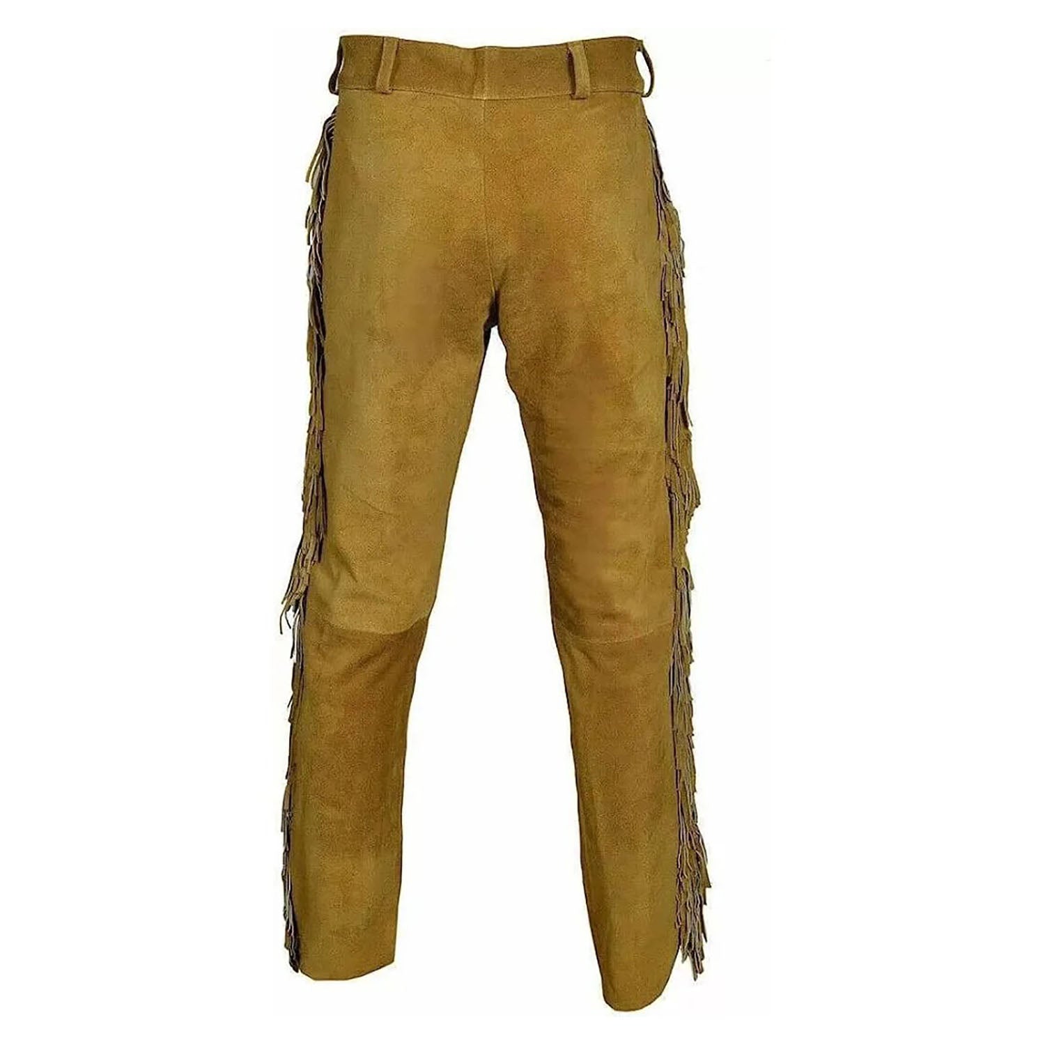 Front view showing the brown suede leather pants with beaded detailing