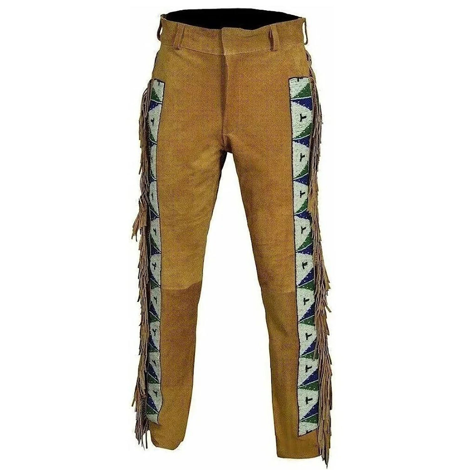 Full display showing the brown suede leather pants with beaded detailing