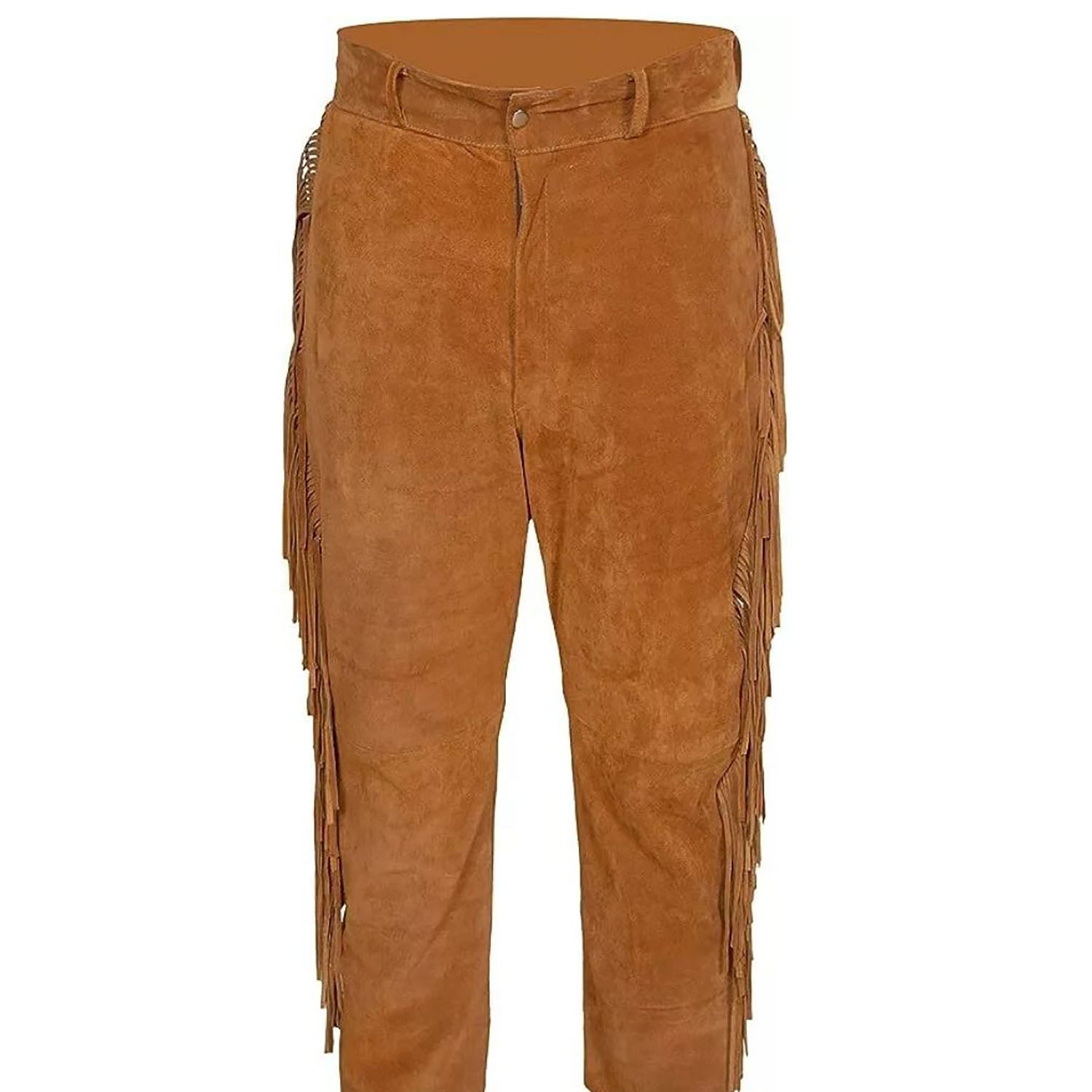 The brown suede leather pants with fringe detailing, pictured worn and styled