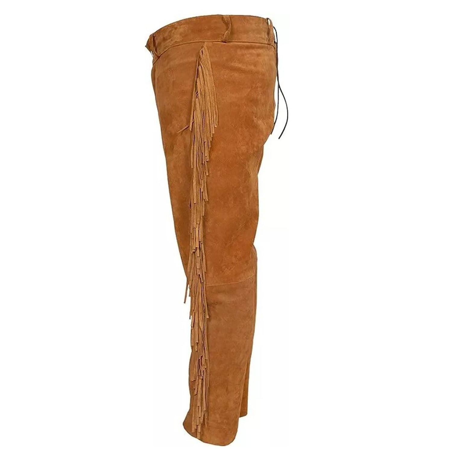 The brown suede leather pants with fringe detailing, pictured in full display