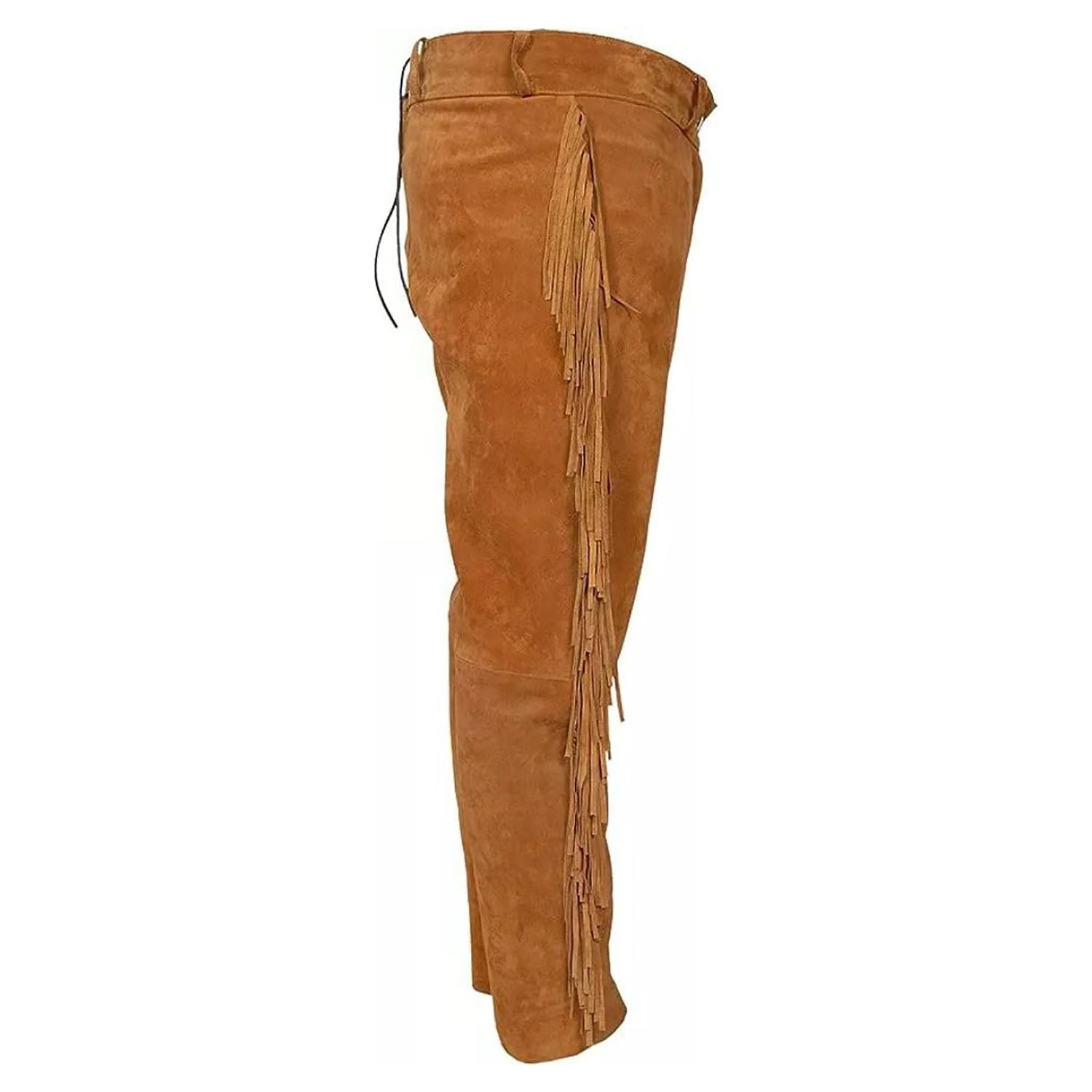 The brown suede leather pants with fringe detailing, pictured in detail