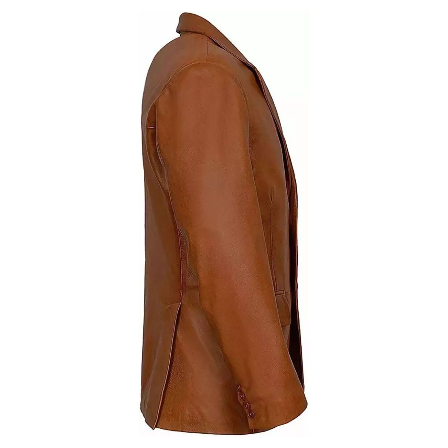 Brown cowhide leather blazer with multiple pockets, worn styled look