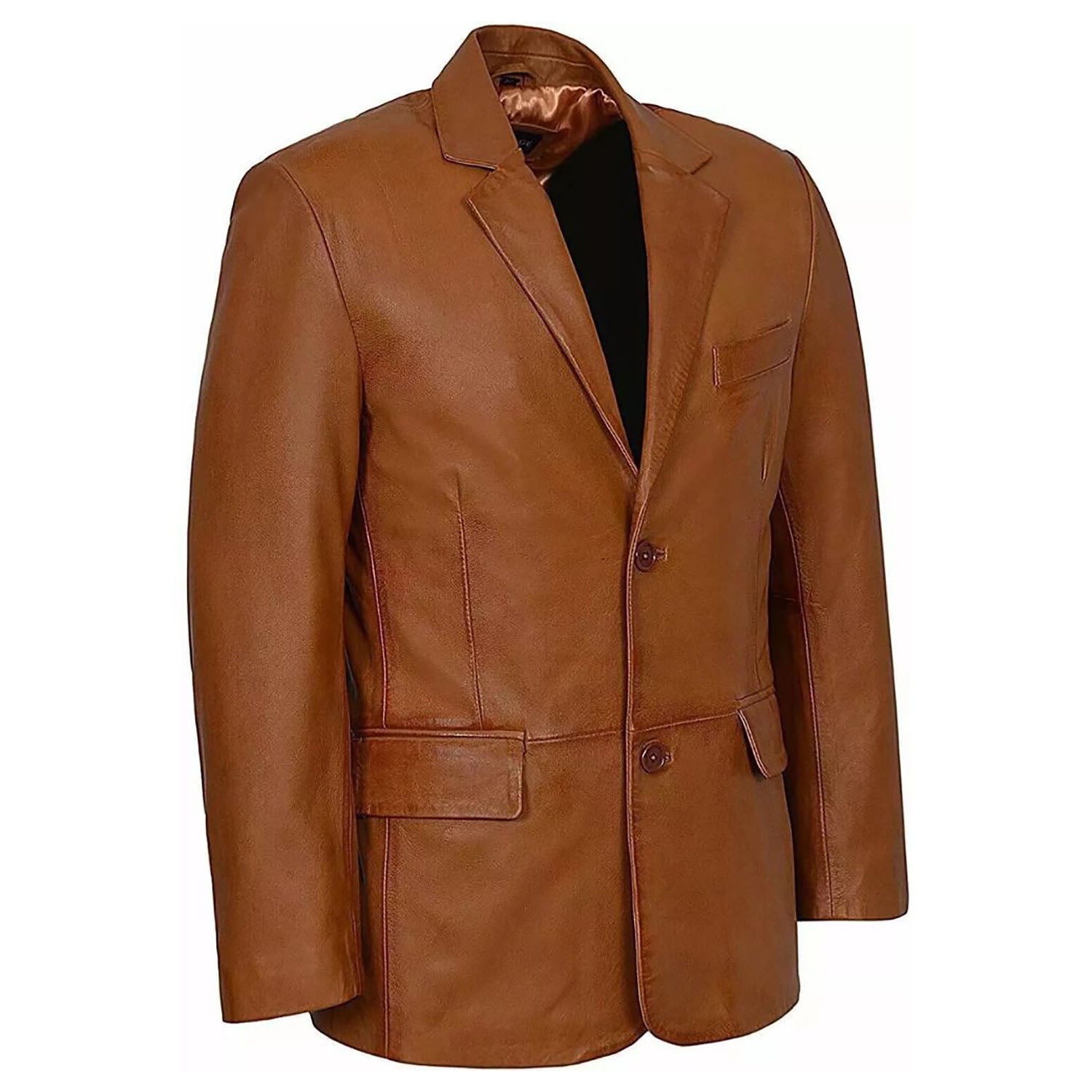 Brown cowhide leather blazer with multiple pockets, close-up detail