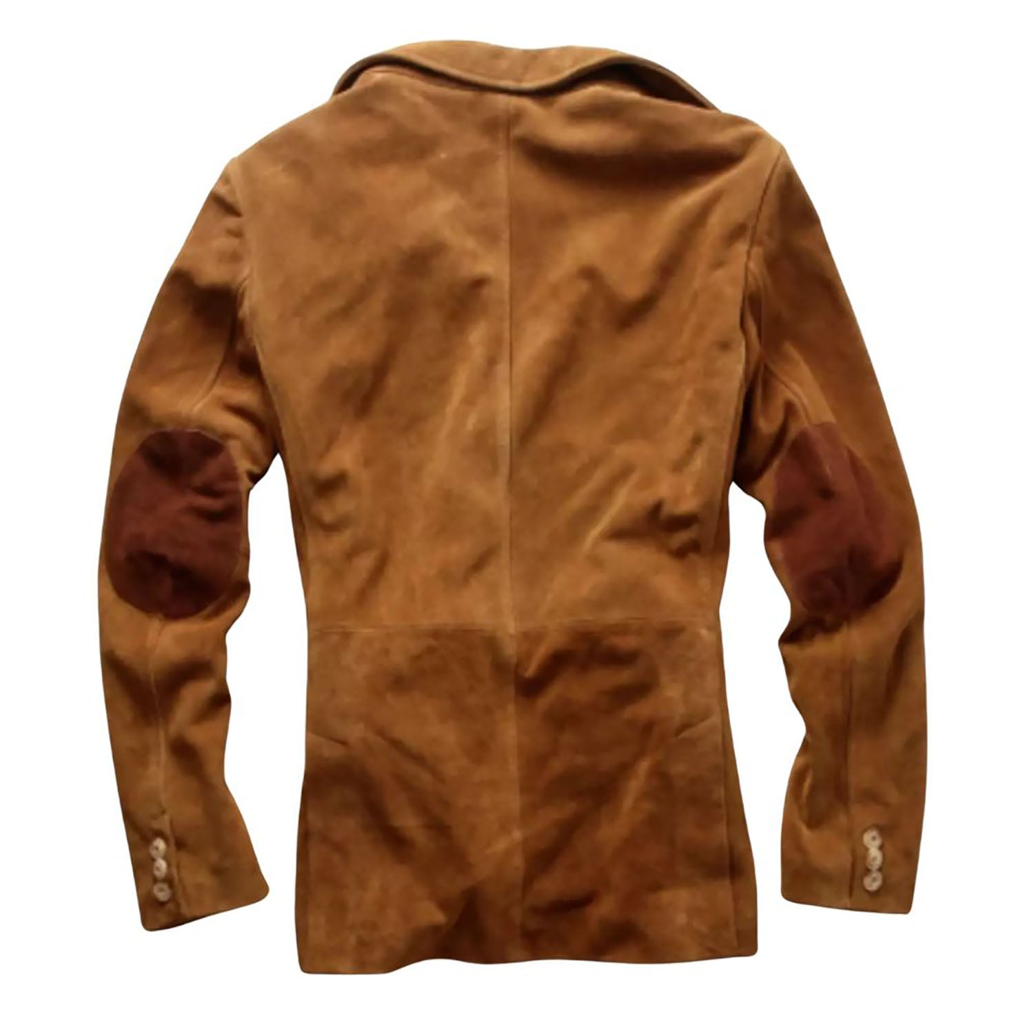 Back view showing the brown leather blazer with multiple pockets