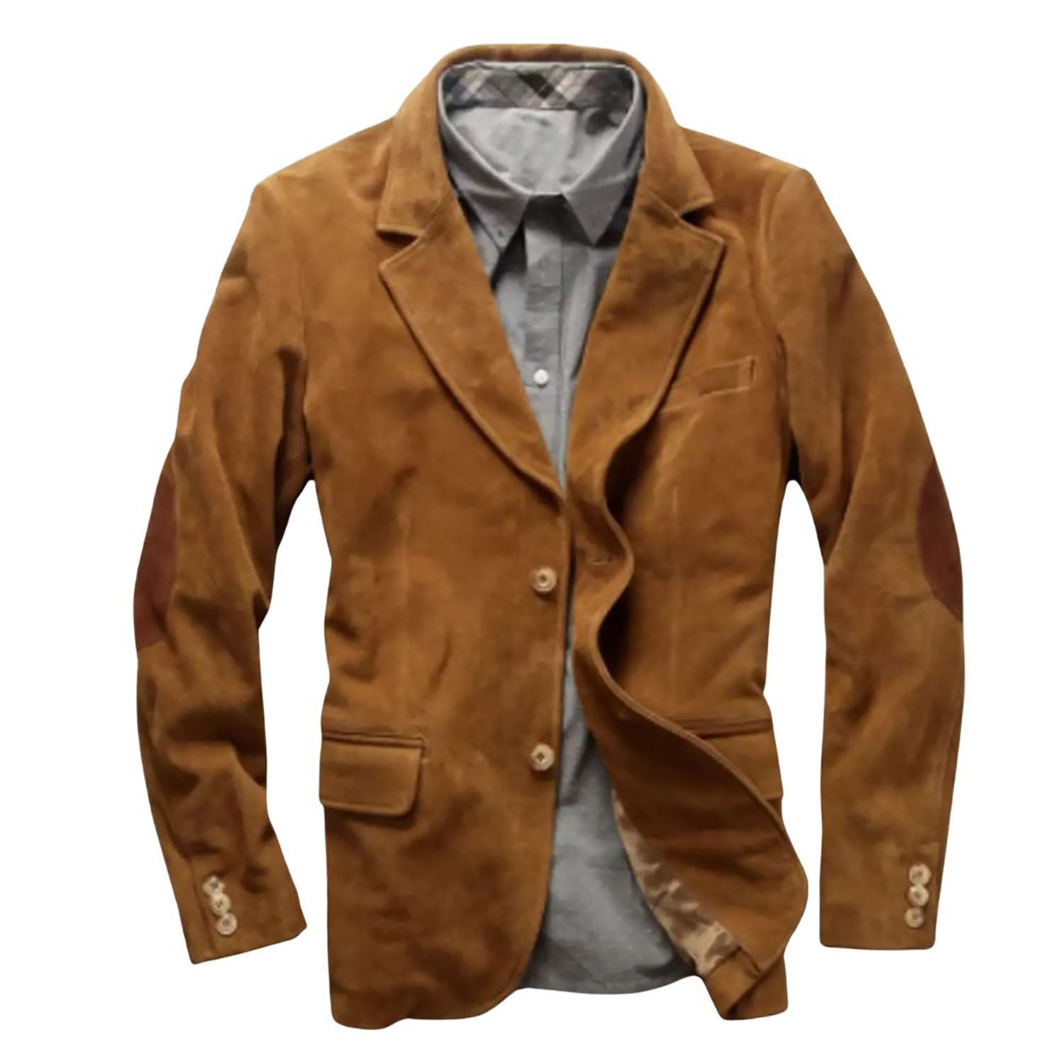 Side profile showing the brown leather blazer with multiple pockets