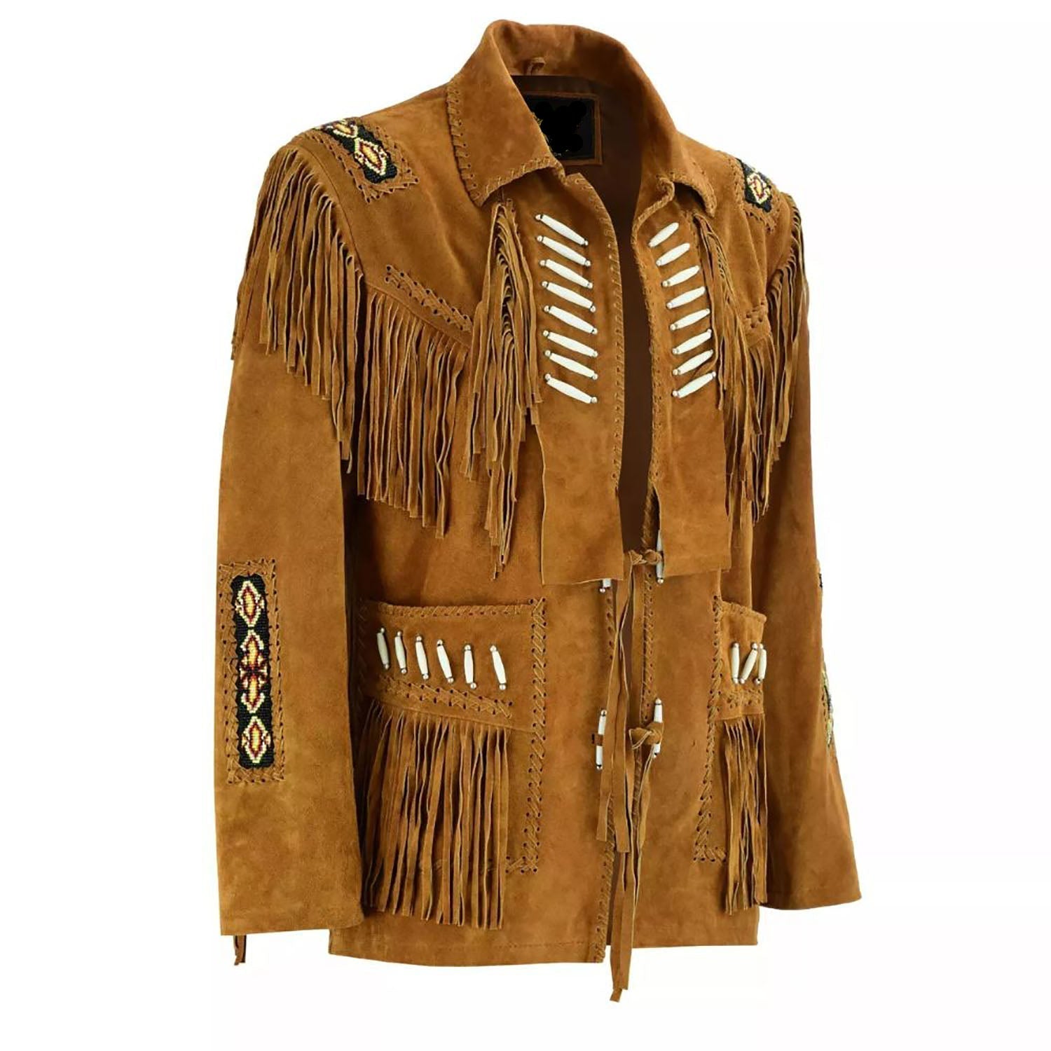 The brown leather fringe jacket with bone-work trim, pictured from the side