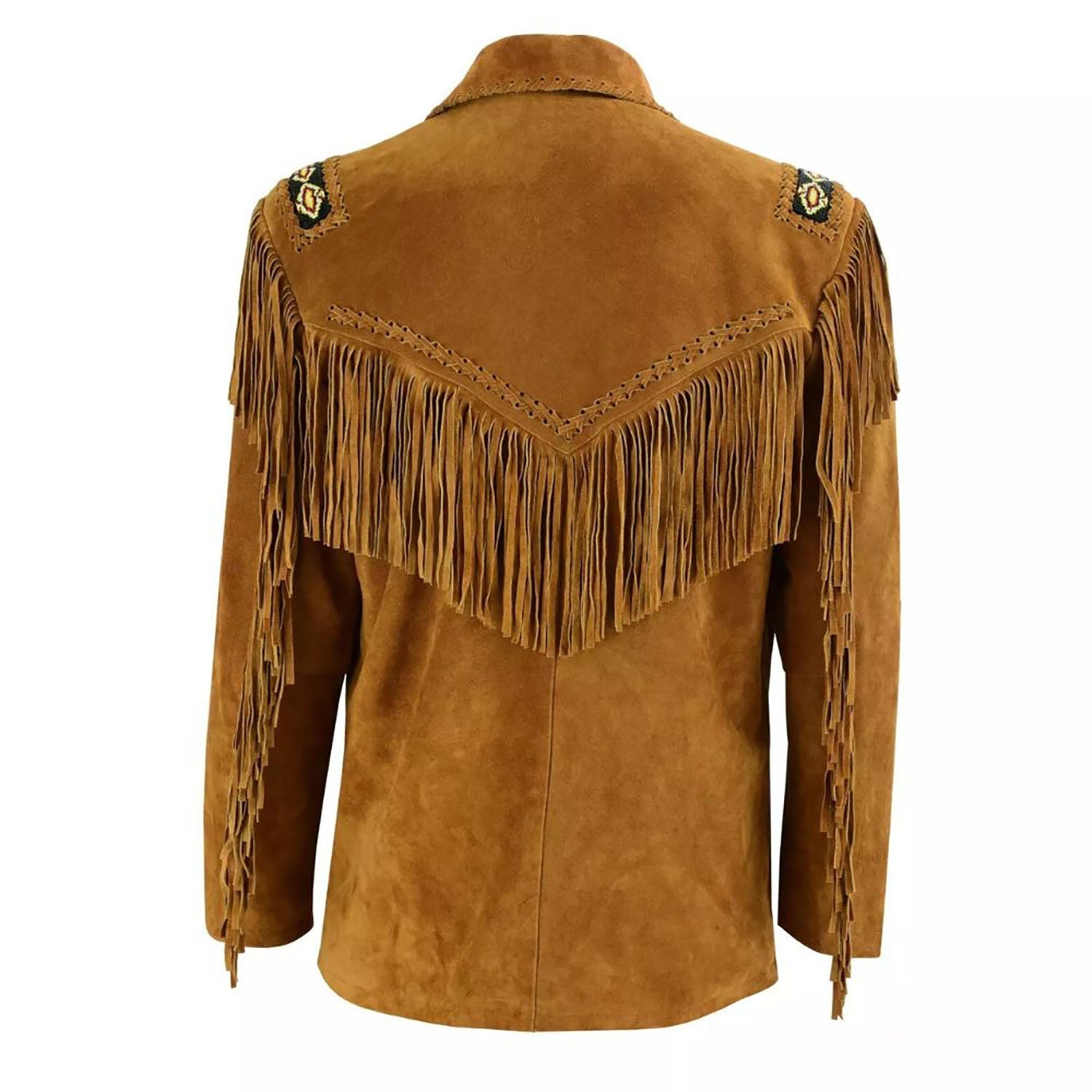 The brown leather fringe jacket with bone-work trim, pictured from the back