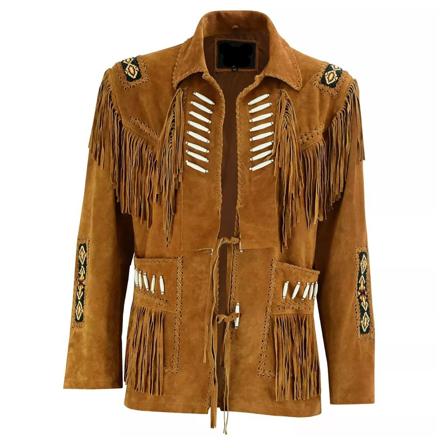 The brown leather fringe jacket with bone-work trim, pictured from the front
