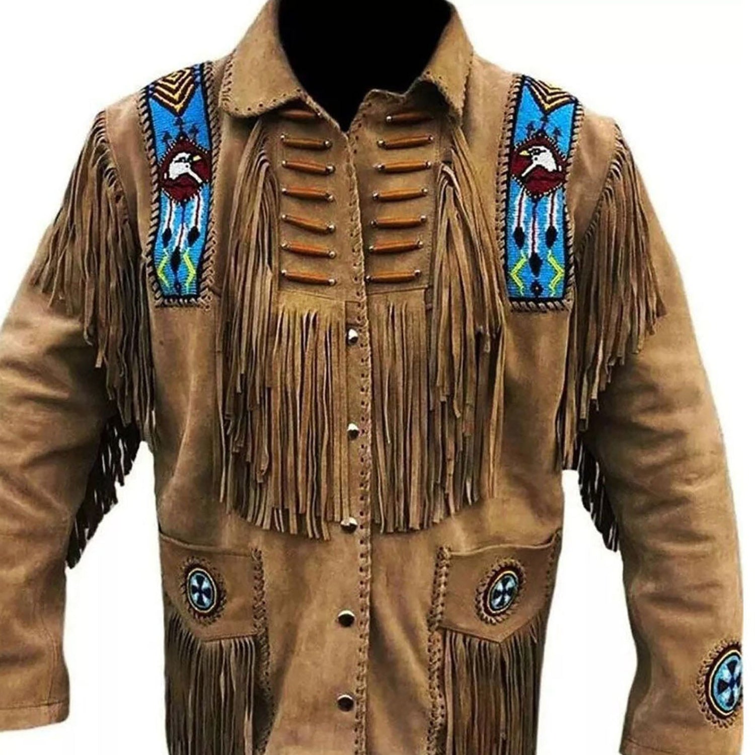 Side profile of the brown leather fringe jacket with bone-work trim for men