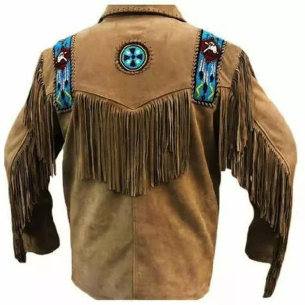 Back view of the brown leather fringe jacket with beaded detailing for men