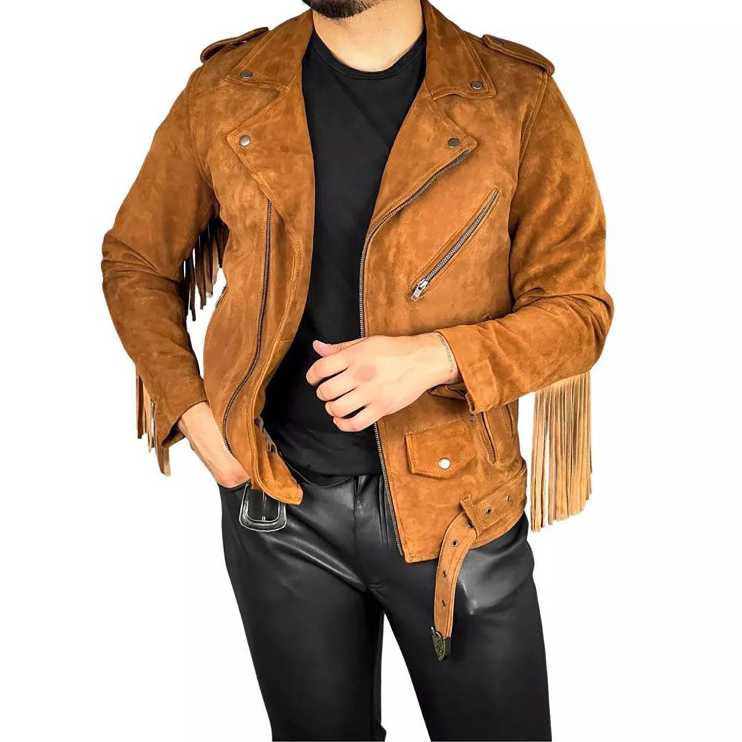 Full display of the brown leather fringe jacket with biker style for men