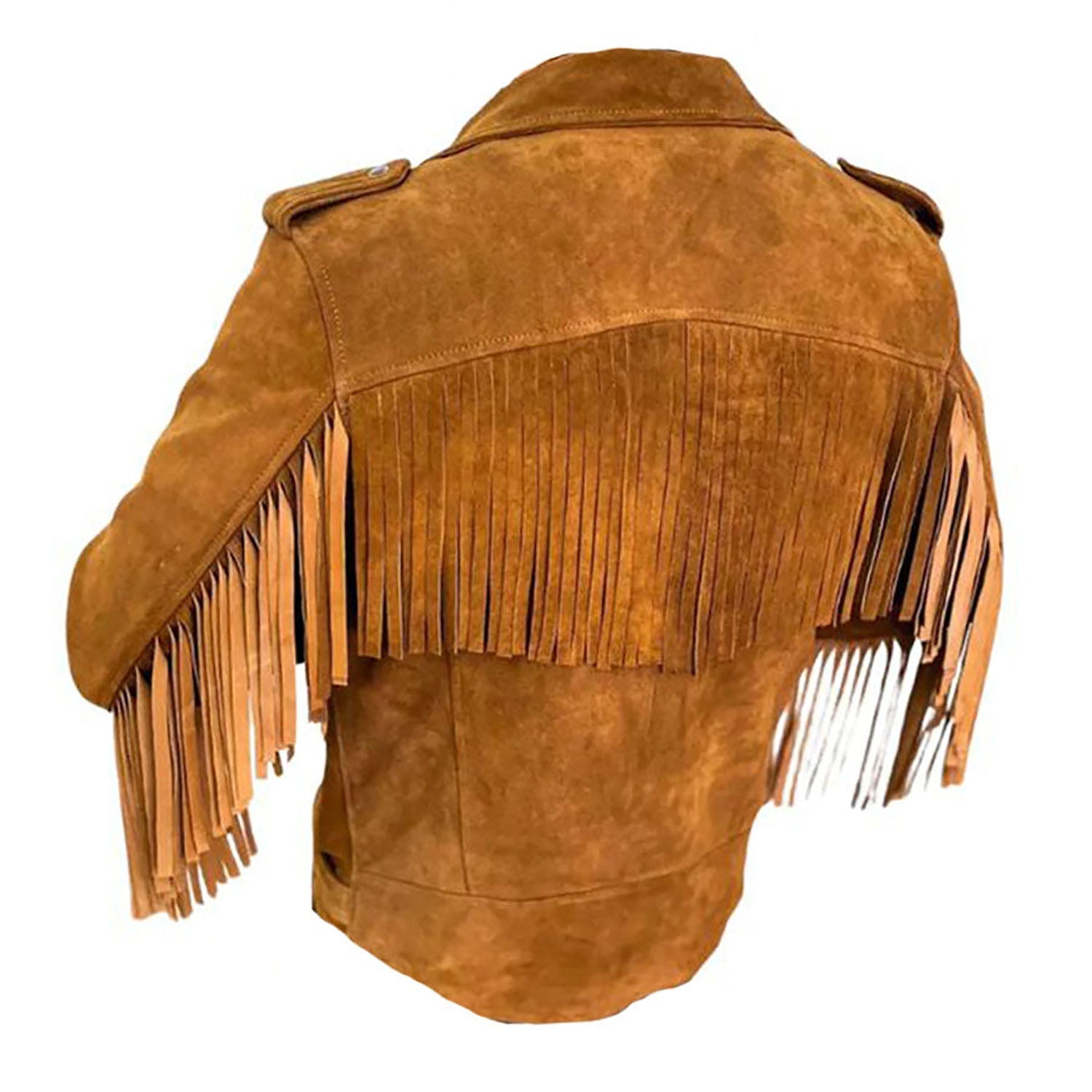 Detail shot of the brown leather fringe jacket with biker style for men
