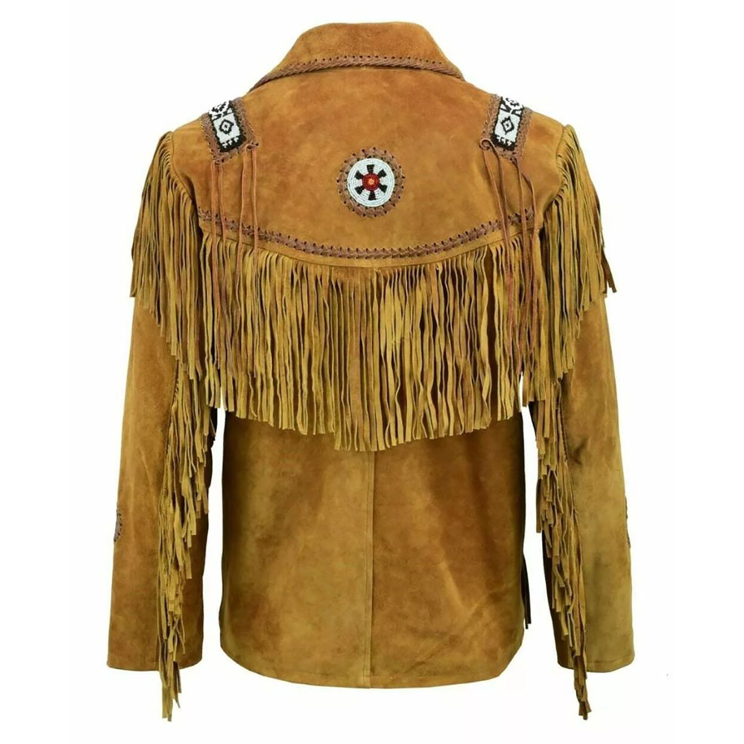 Full display showing the brown leather fringe jacket with bone-work trim