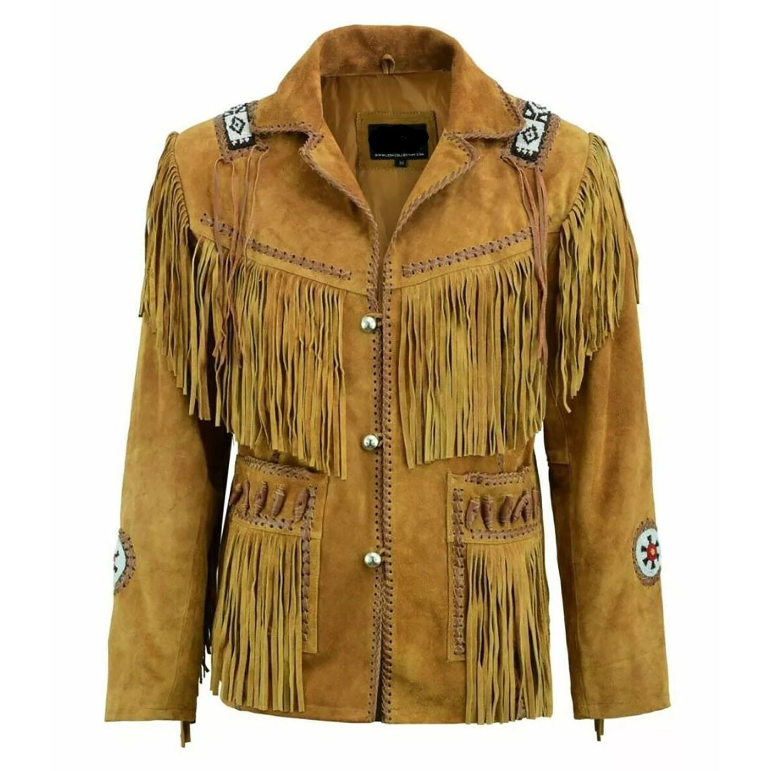 Worn styled look showing the brown leather fringe jacket with bone-work trim