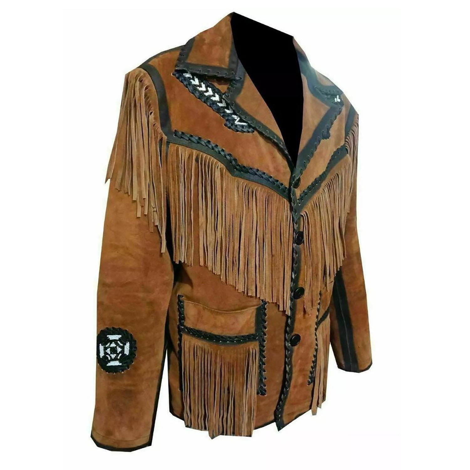 The brown leather fringe jacket with beaded detailing, pictured worn and styled