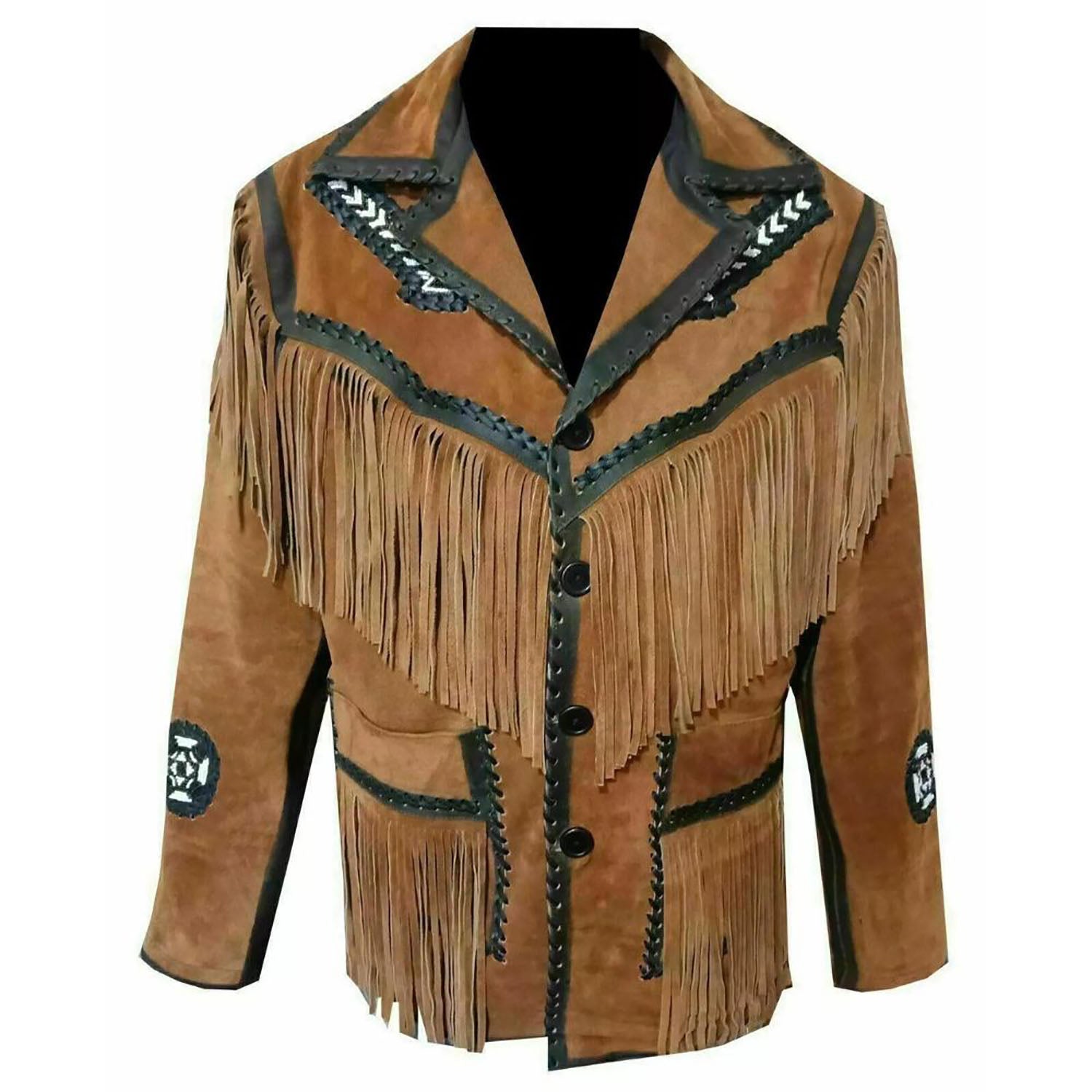 The brown leather fringe jacket with beaded detailing, pictured in close-up