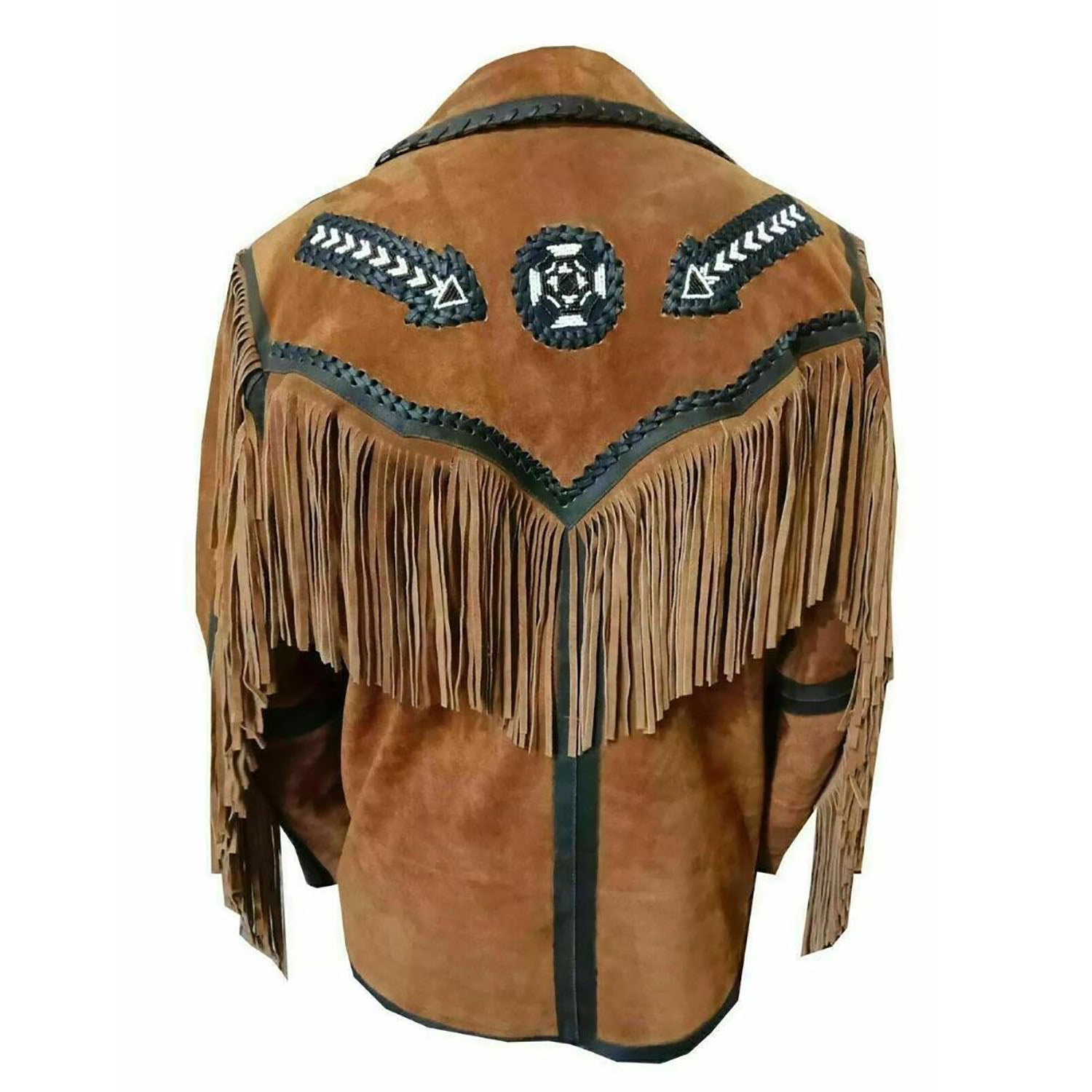 The brown leather fringe jacket with beaded detailing, pictured in detail