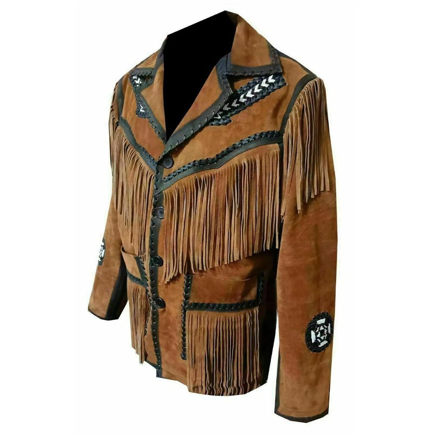 The brown leather fringe jacket with beaded detailing, pictured in full display