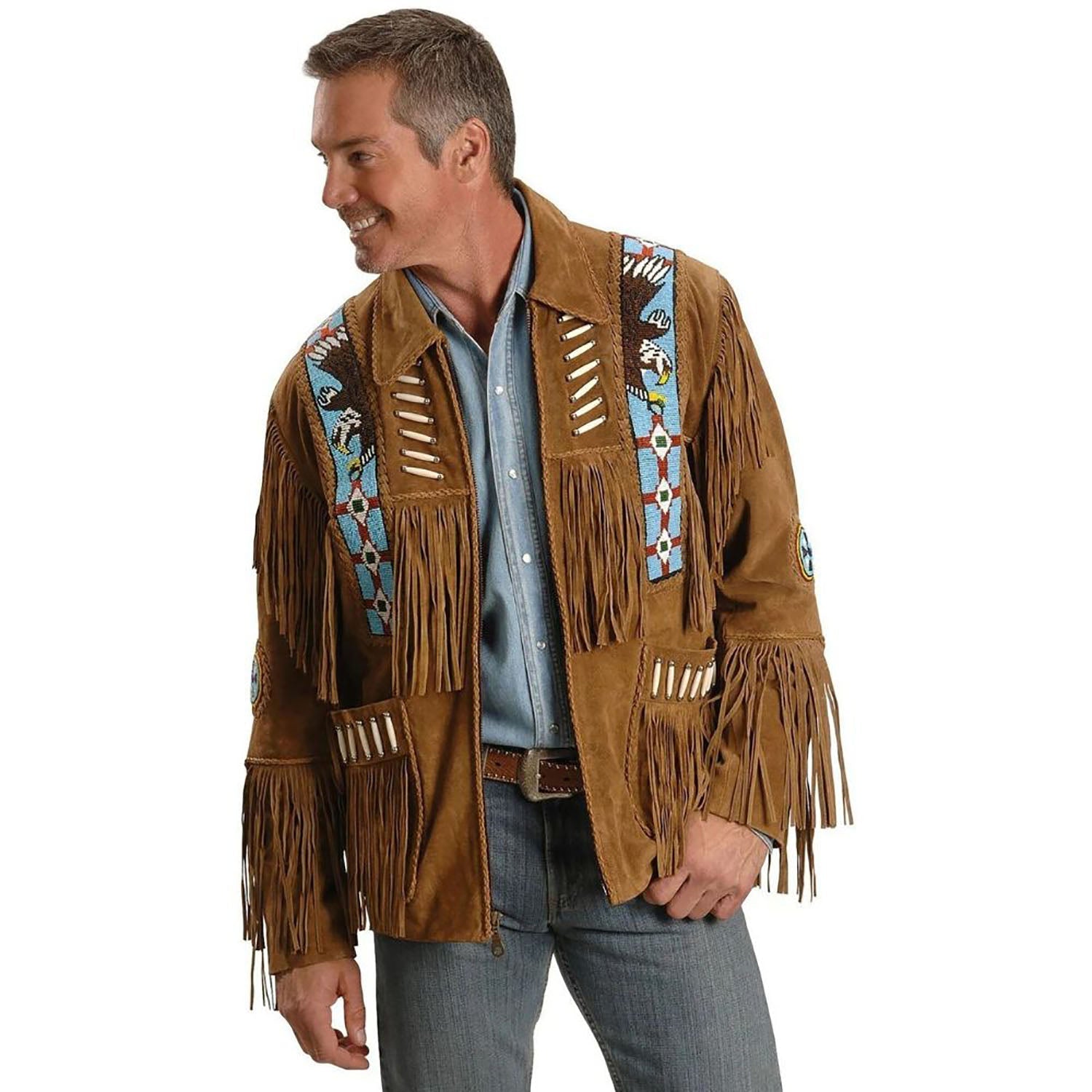 Brown leather fringe jacket with bone-work trim, back view
