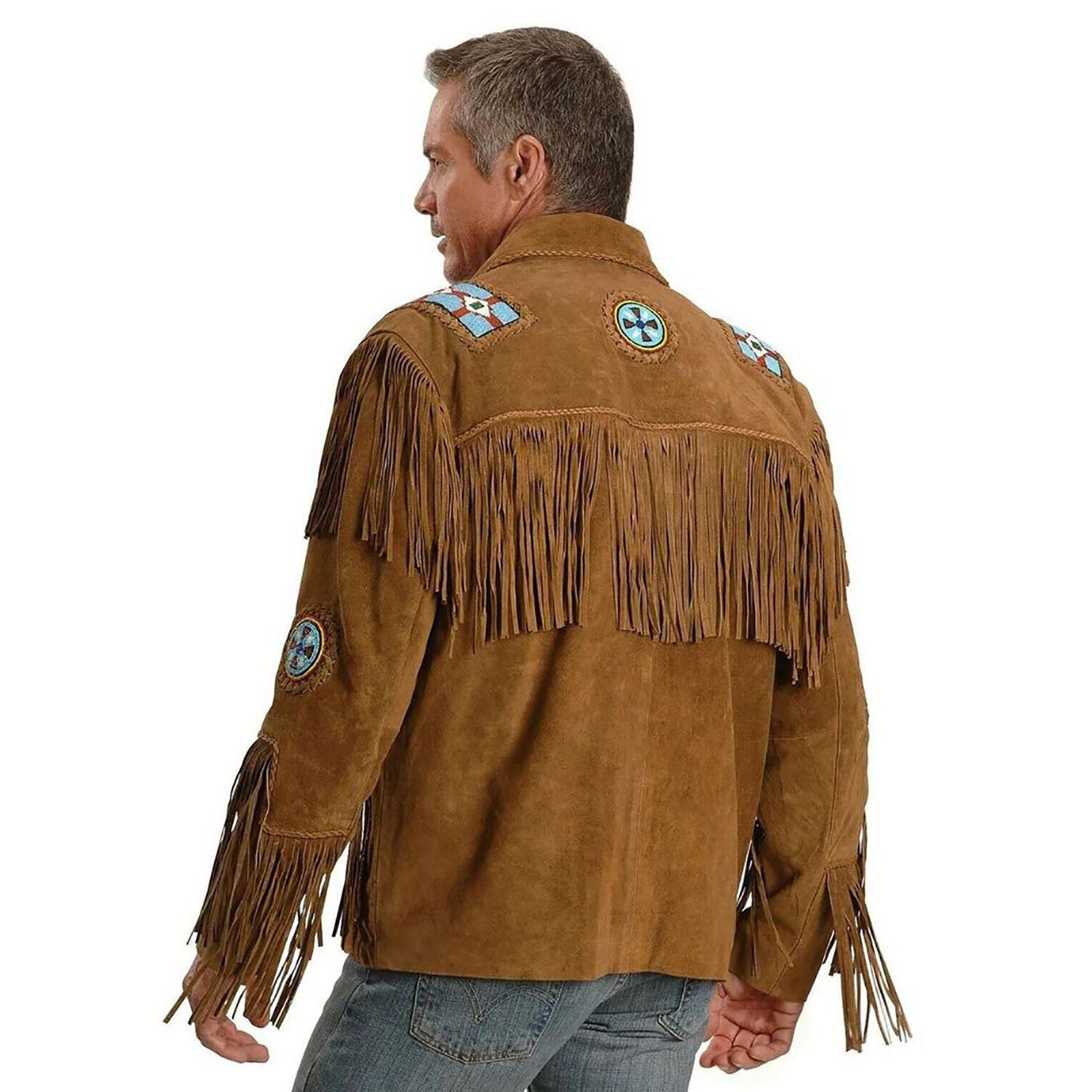 Brown leather fringe jacket with beaded detailing, close-up detail