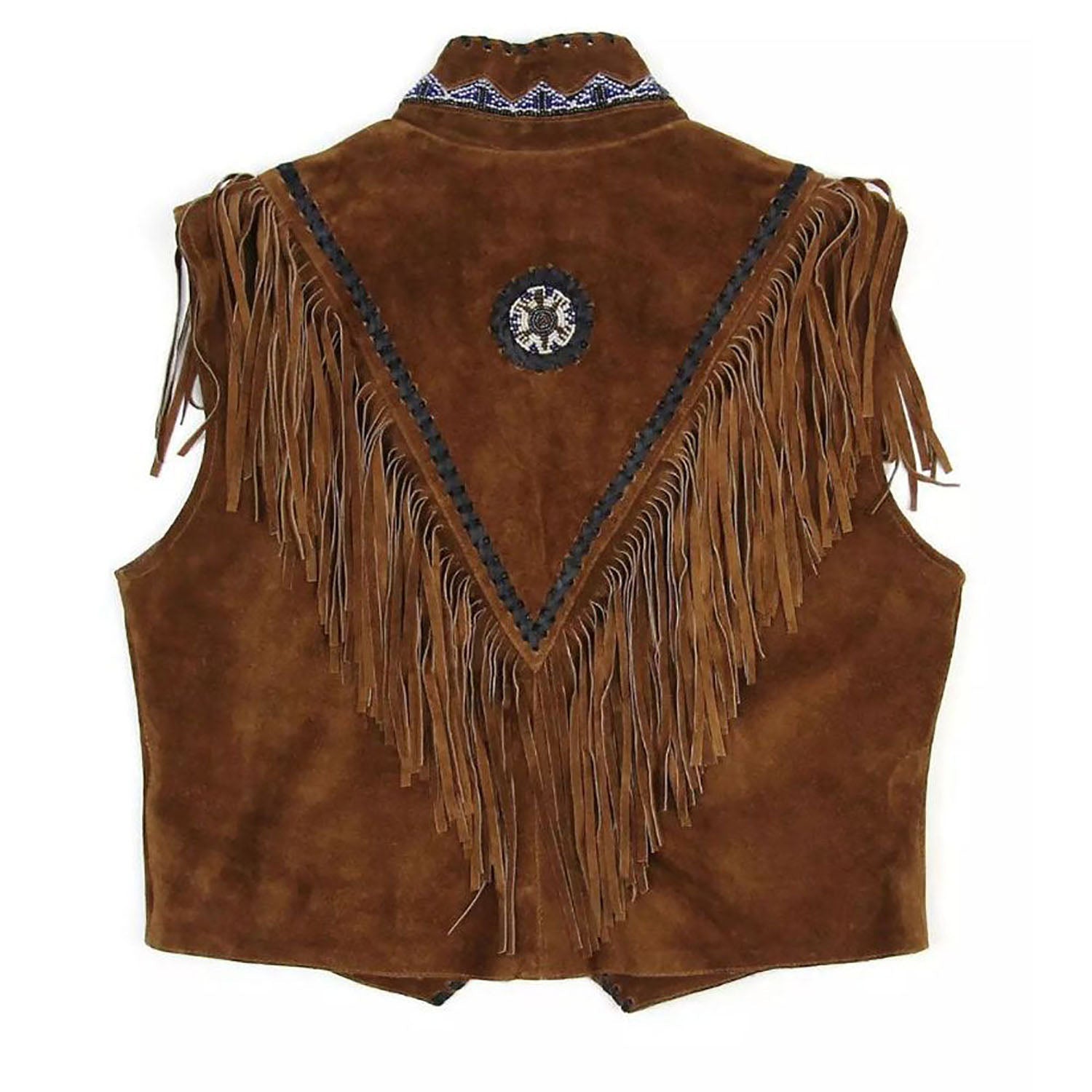 Side profile showing the brown leather fringe vest with beaded detailing