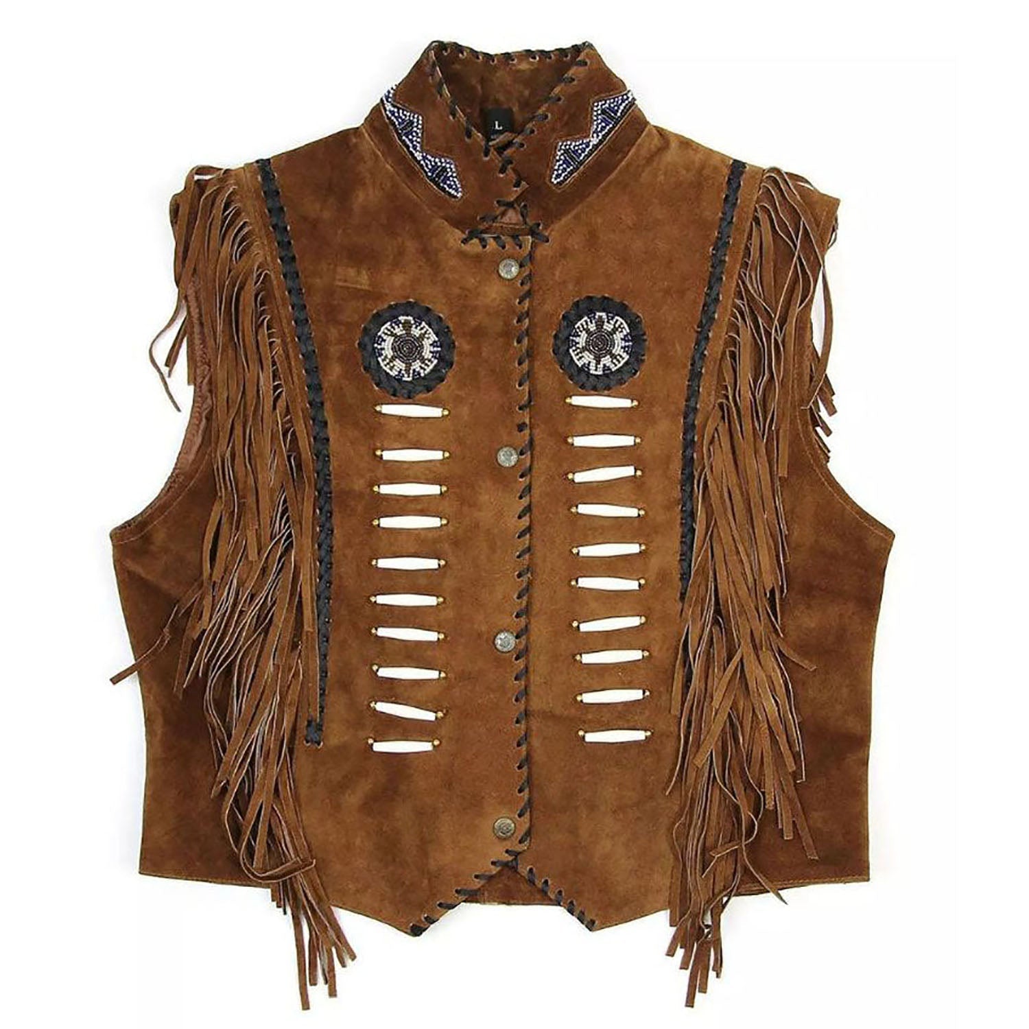 Front view showing the brown leather fringe vest with bone-work trim