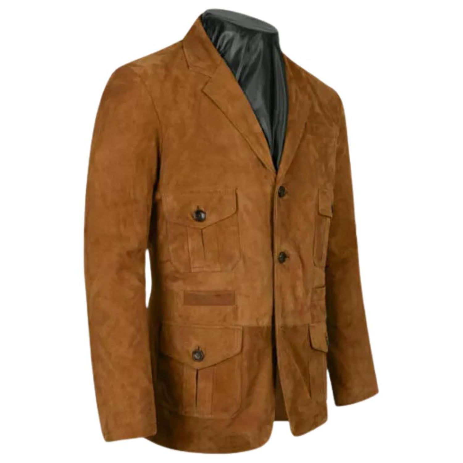 Brown suede leather blazer with multiple pockets, full display