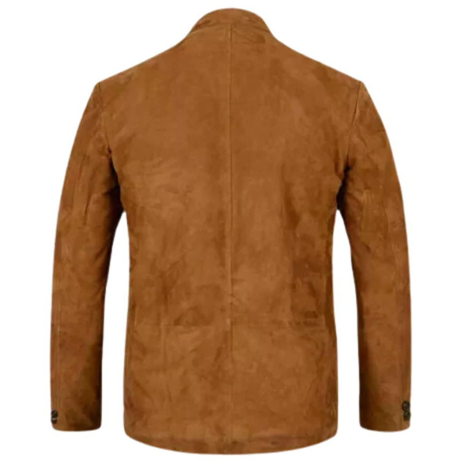 Brown suede leather blazer with multiple pockets, detail shot