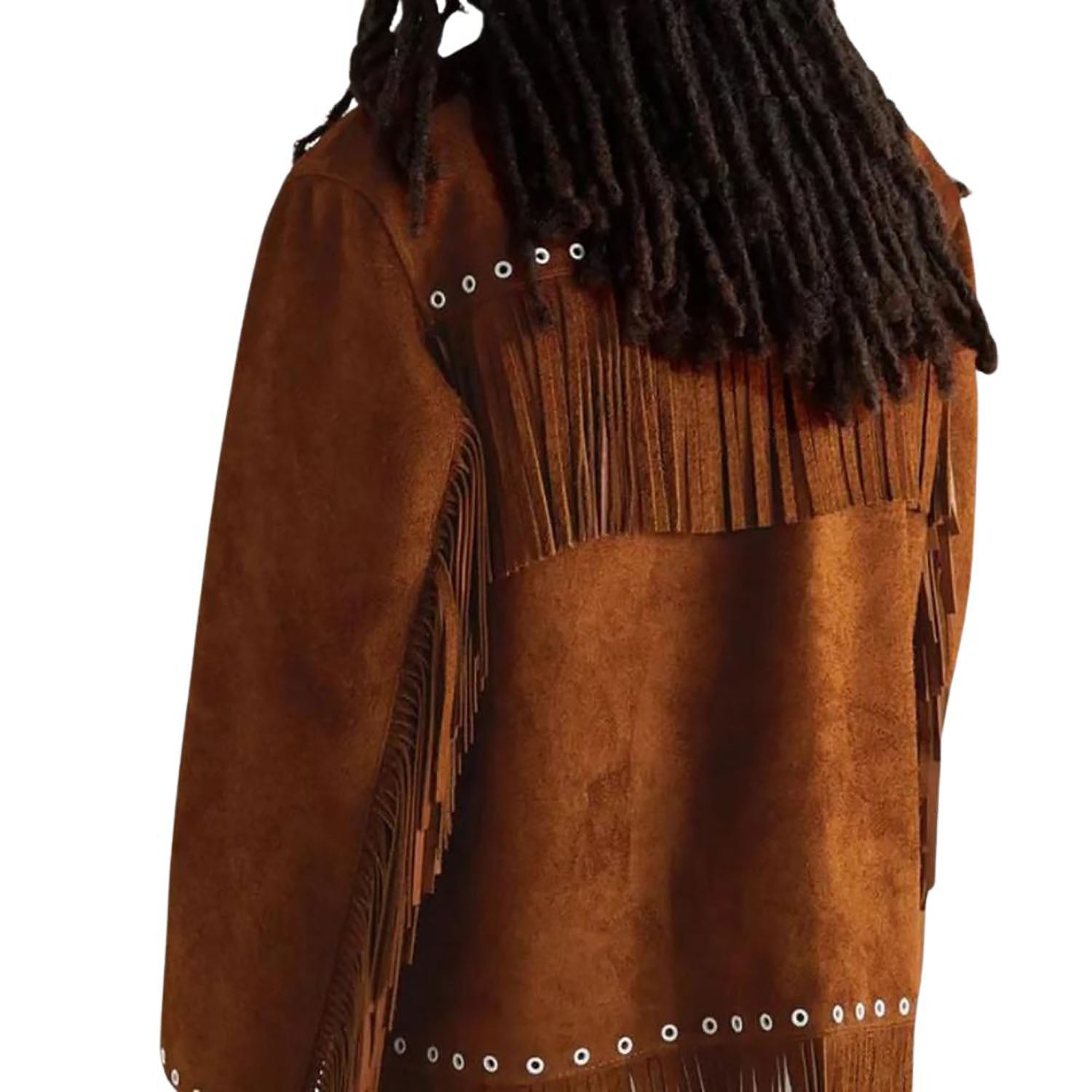 Full display of the brown suede leather fringe jacket with grommet detailing for men