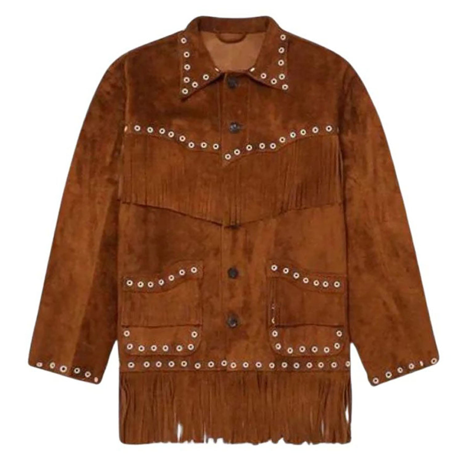 Worn styled look of the brown suede leather fringe jacket with grommet detailing for men