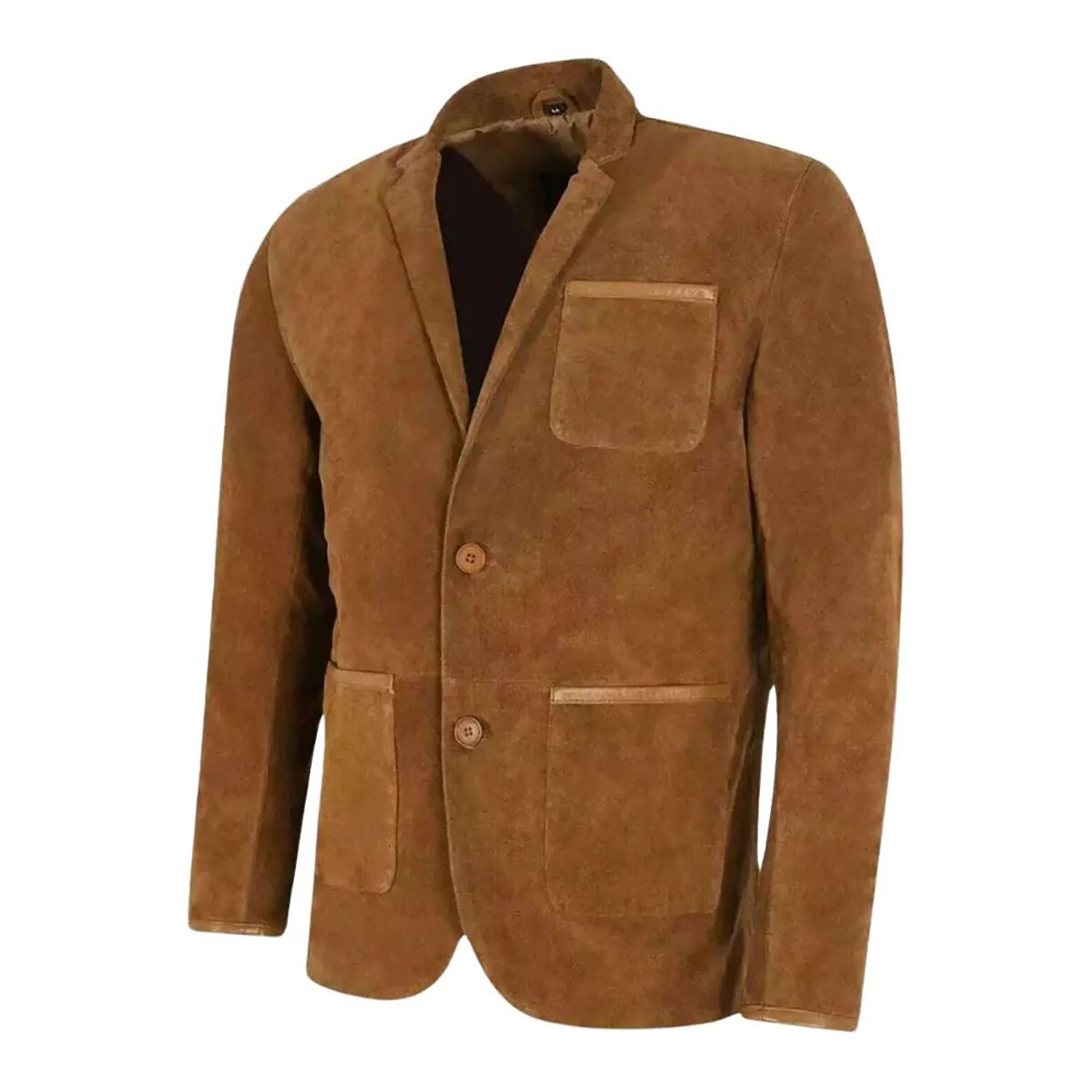 Close-up detail showing the brown suede leather blazer with multiple pockets